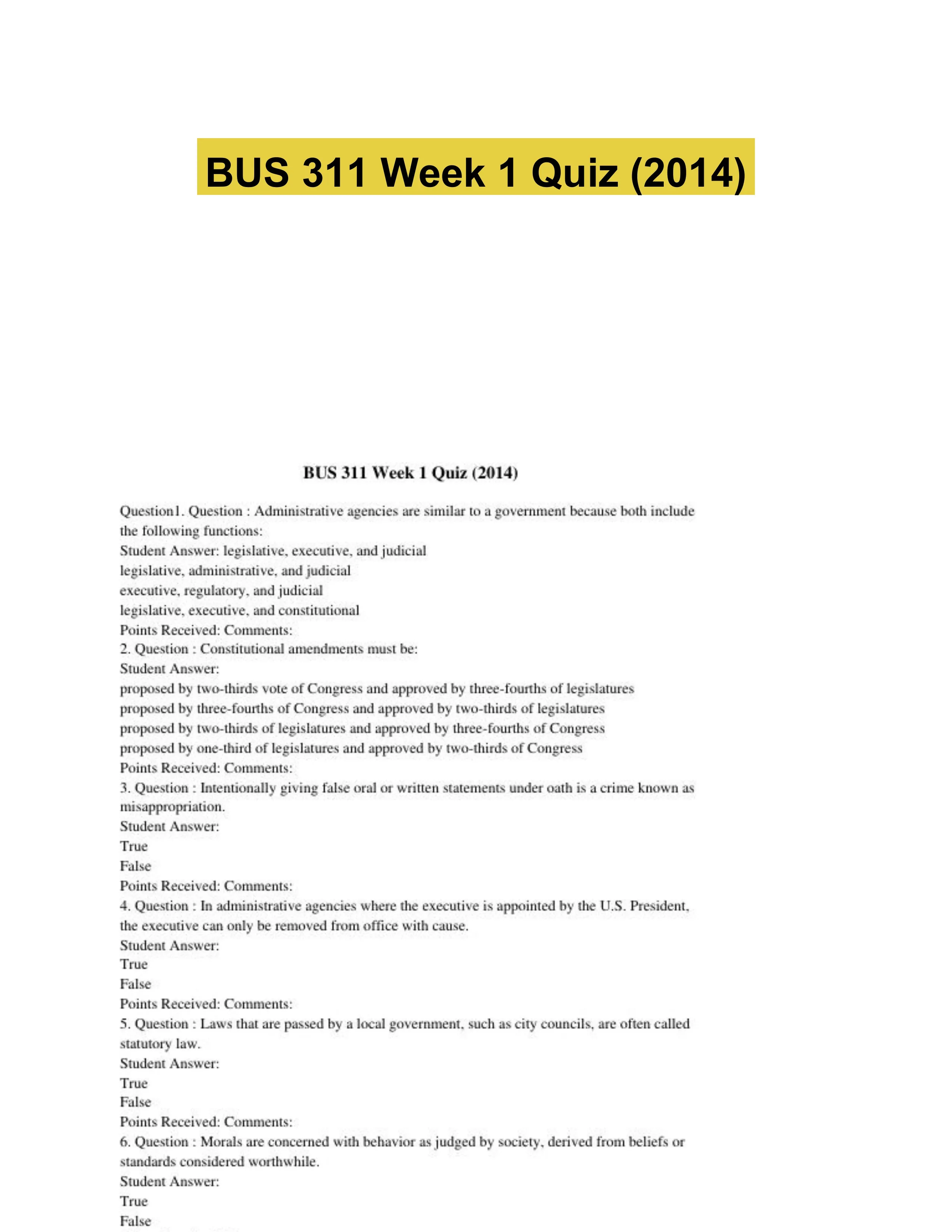 BUS 311 Week 1 Quiz (2014)