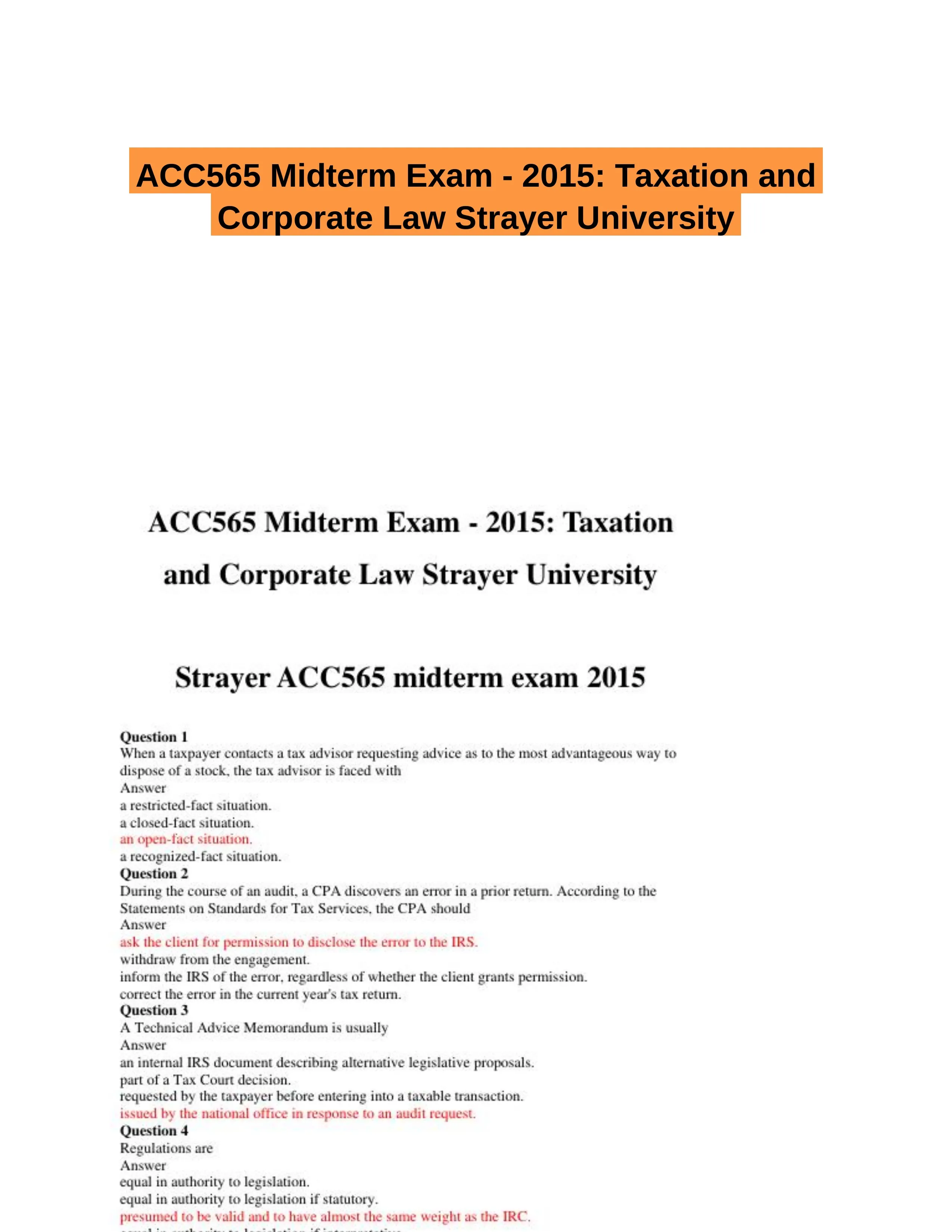 ACC565 Midterm Exam - 2015: Taxation and Corporate Law Strayer University