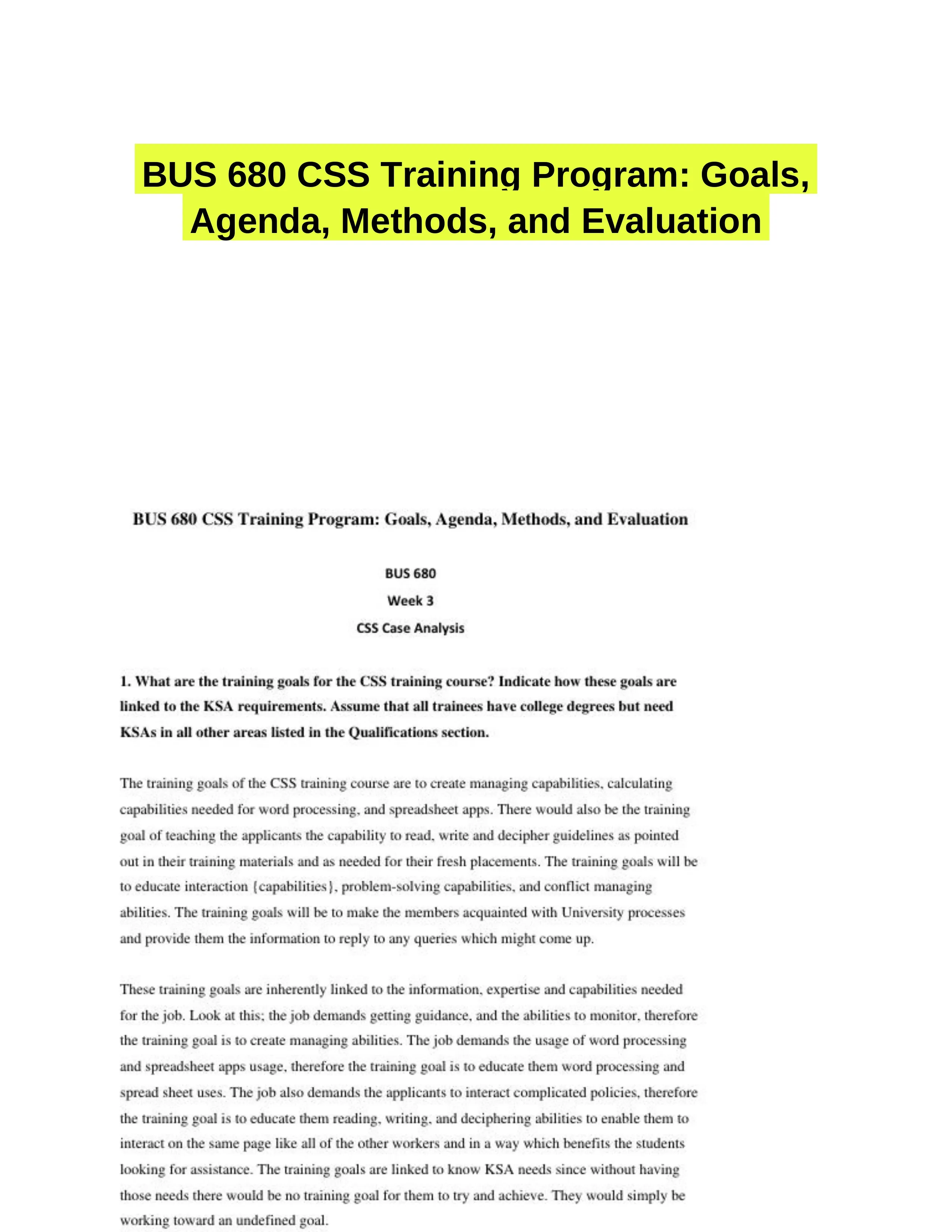 BUS 680 CSS Training Program: Goals, Agenda, Methods, and Evaluation