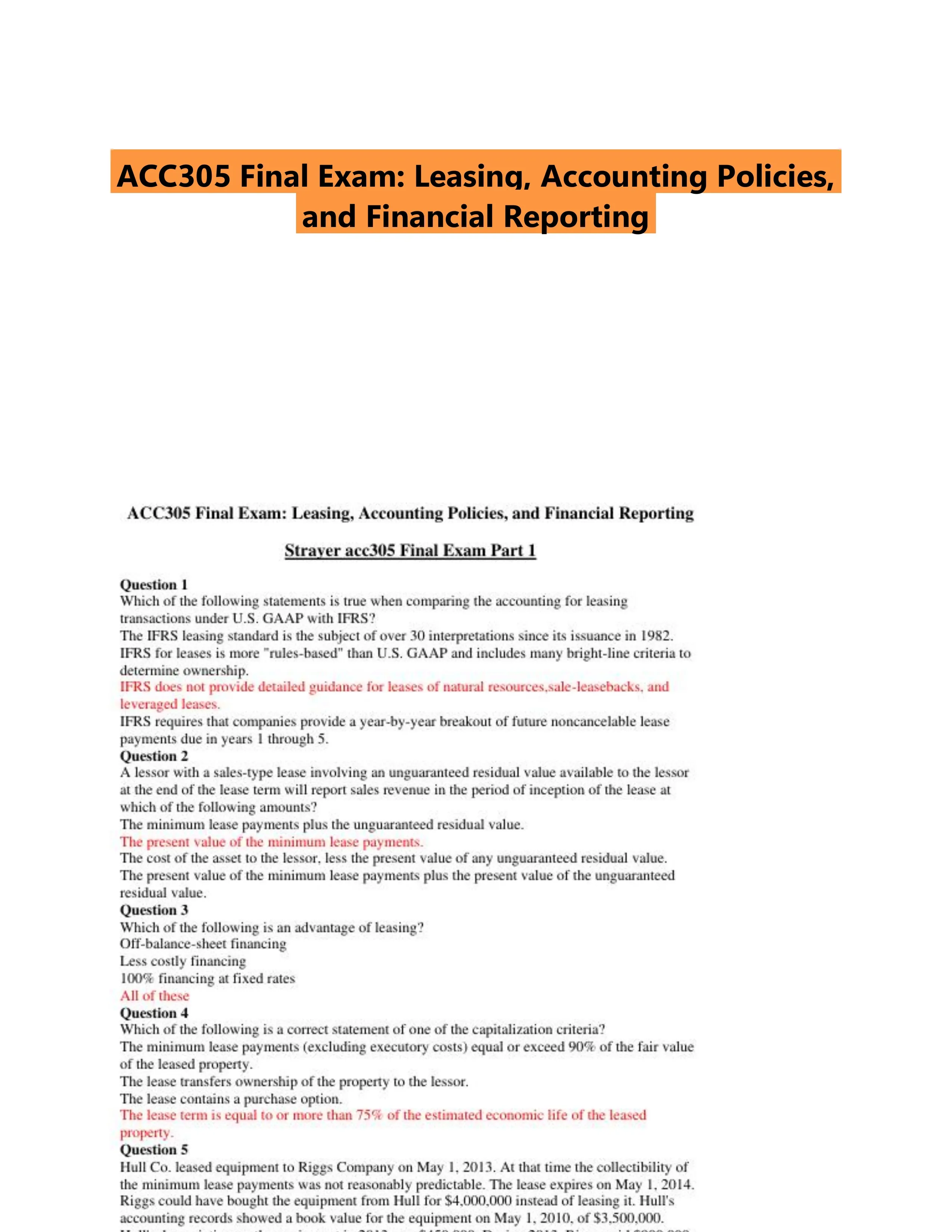 ACC305 Final Exam: Leasing, Accounting Policies, and Financial Reporting