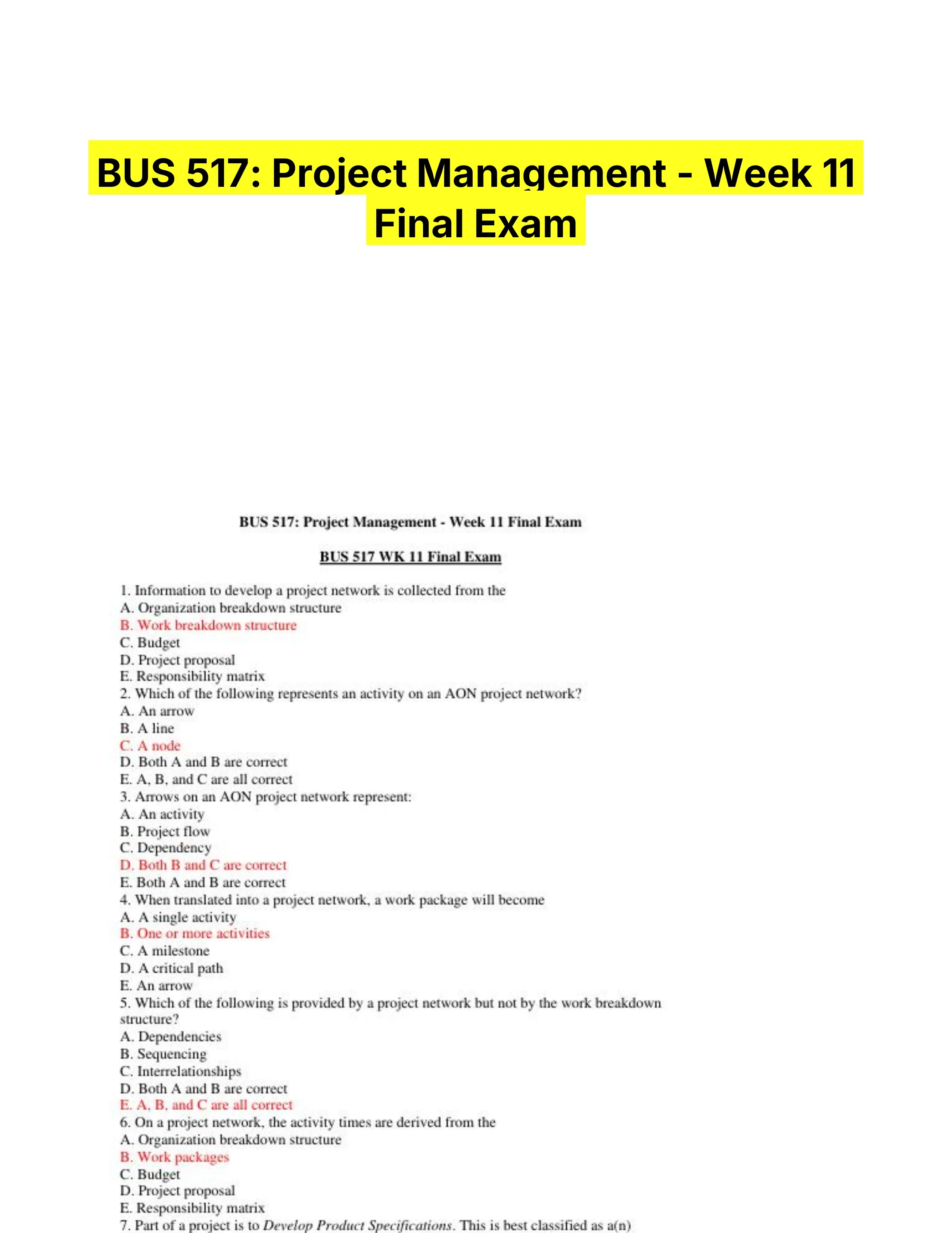 BUS 517: Project Management - Week 11 Final Exam