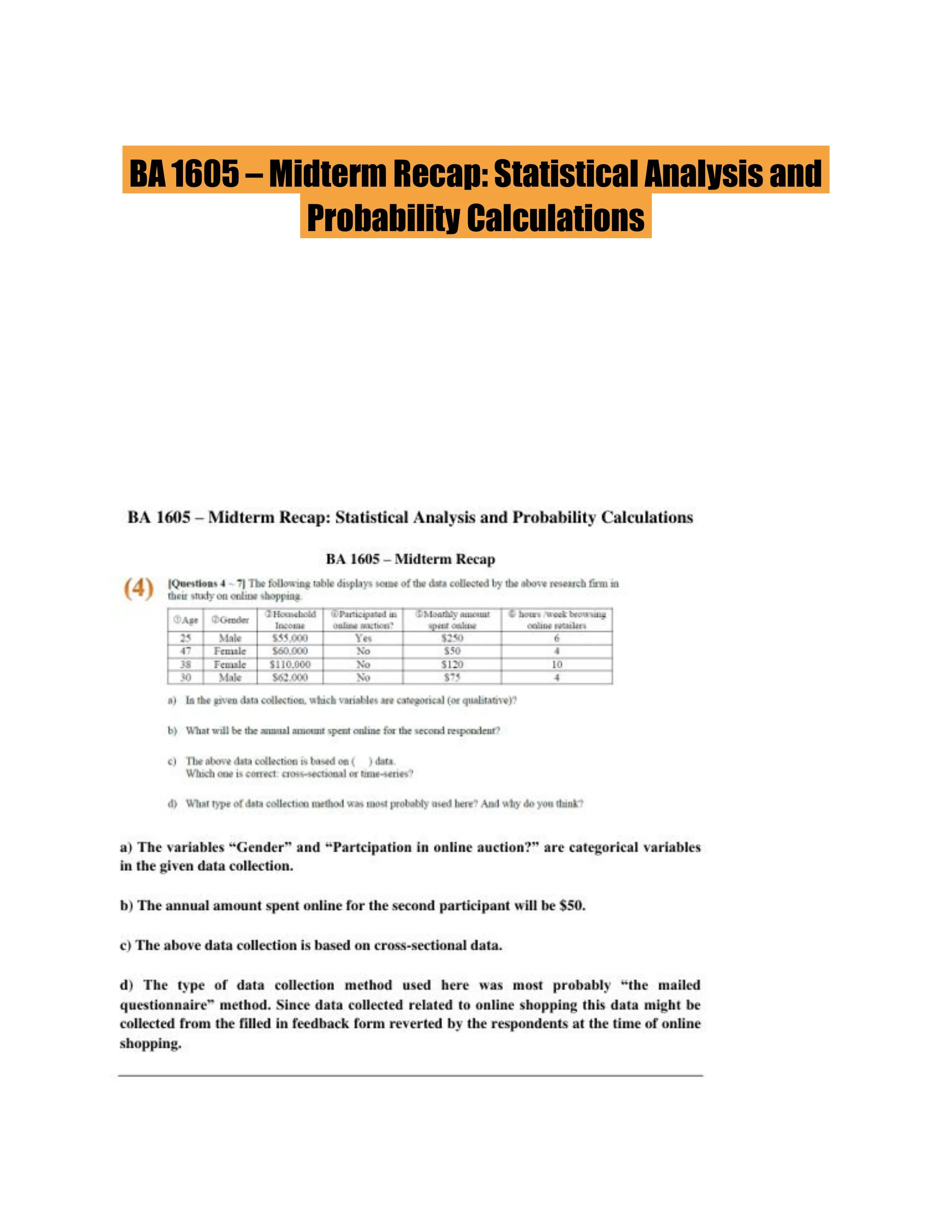 BA 1605 � Midterm Recap: Statistical Analysis and Probability Calculations