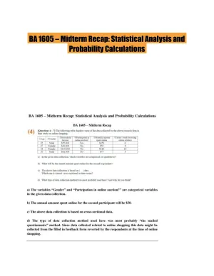 BA 1605 � Midterm Recap: Statistical Analysis and Probability Calculations