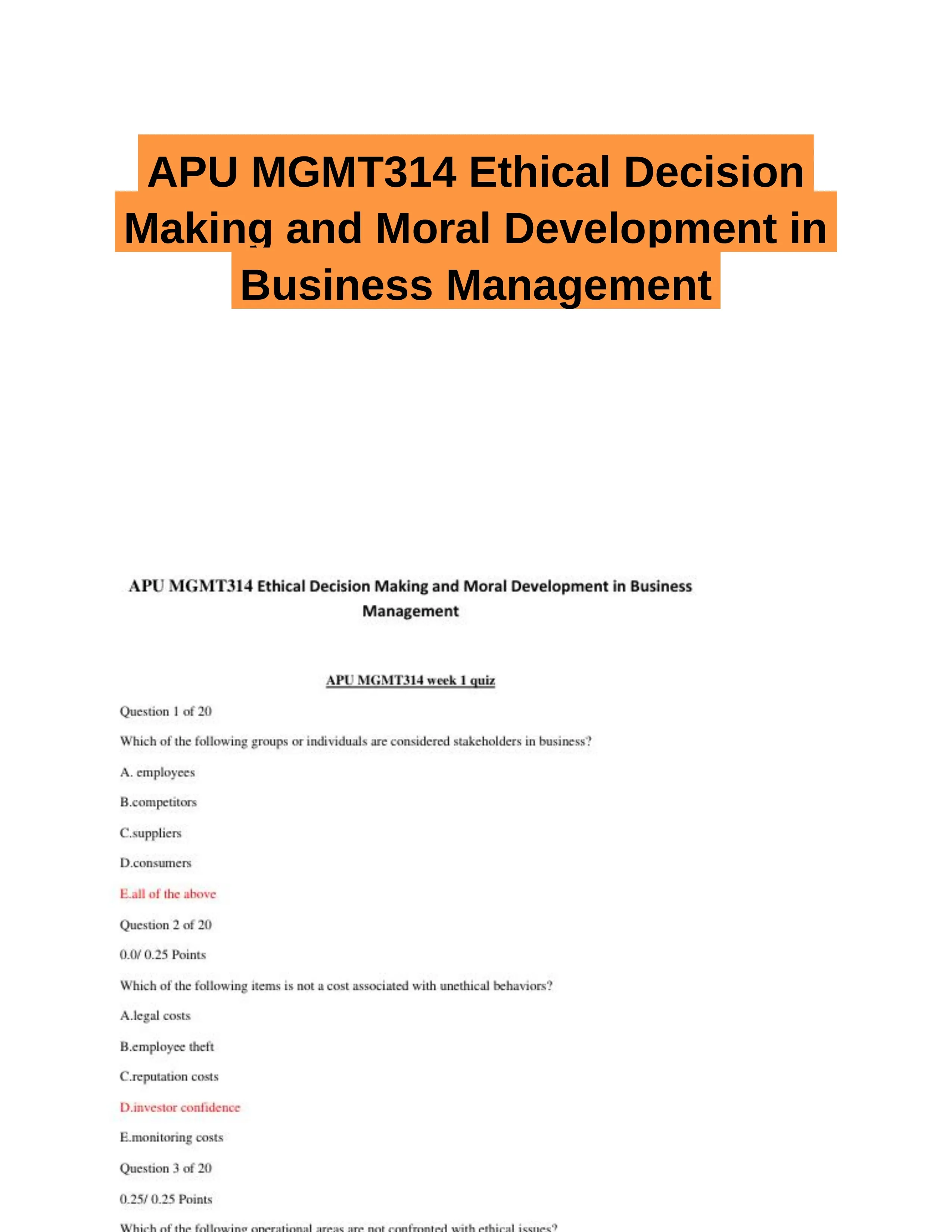 APU MGMT314 Ethical Decision Making and Moral Development in Business Management