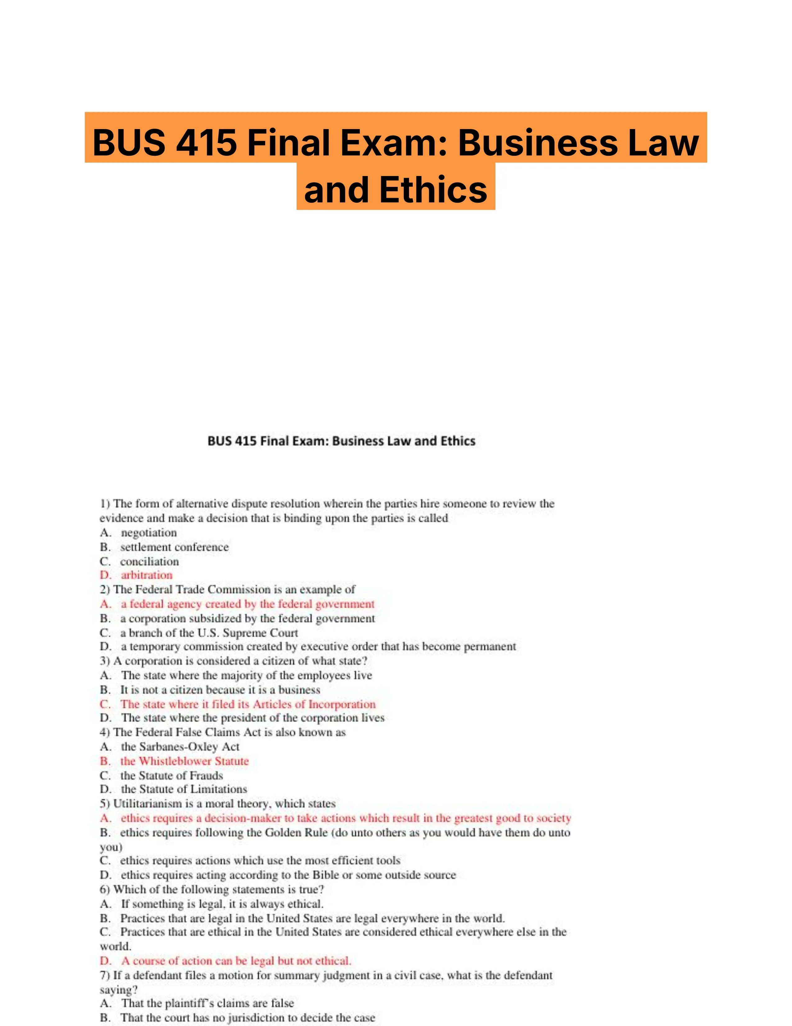BUS 415 Final Exam: Business Law and Ethics