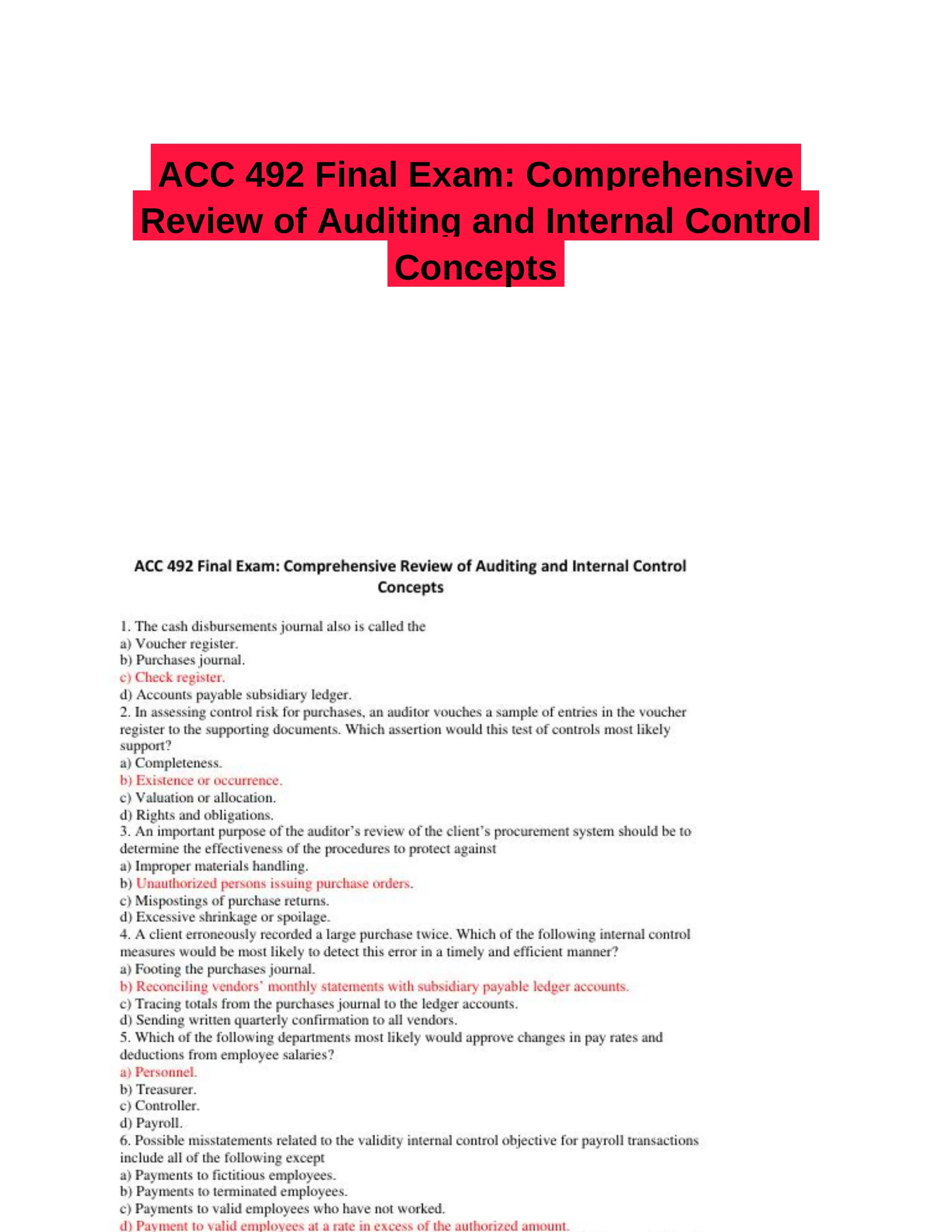 ACC 492 Final Exam: Comprehensive Review of Auditing and Internal Control Concepts