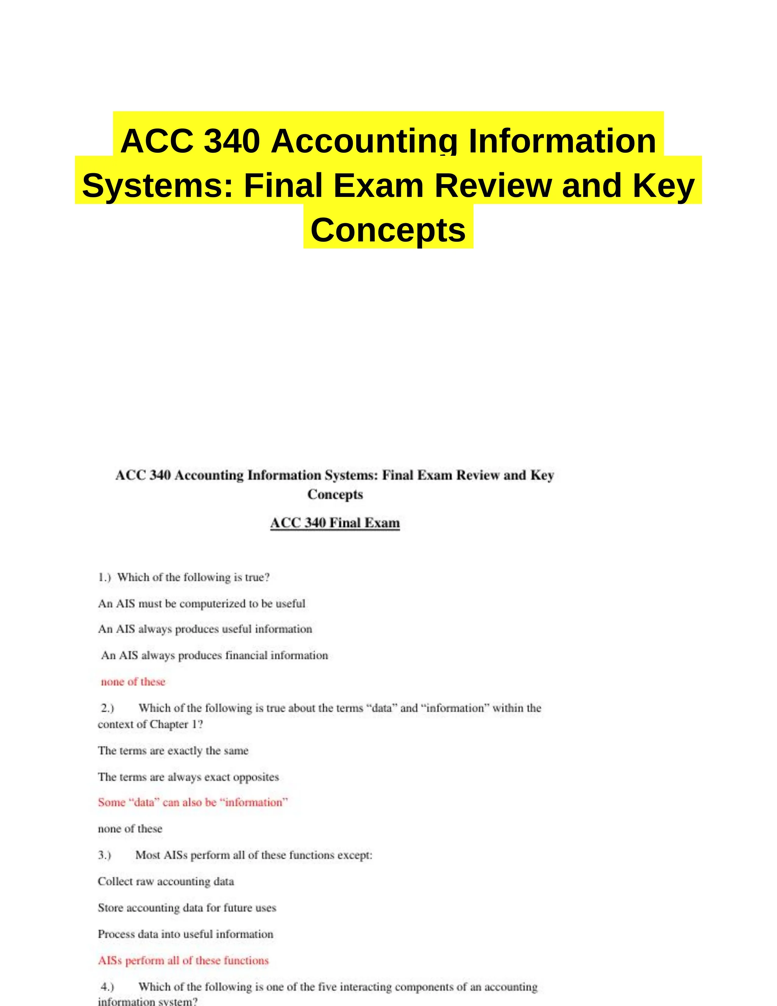 ACC 340 Accounting Information Systems: Final Exam Review and Key Concepts