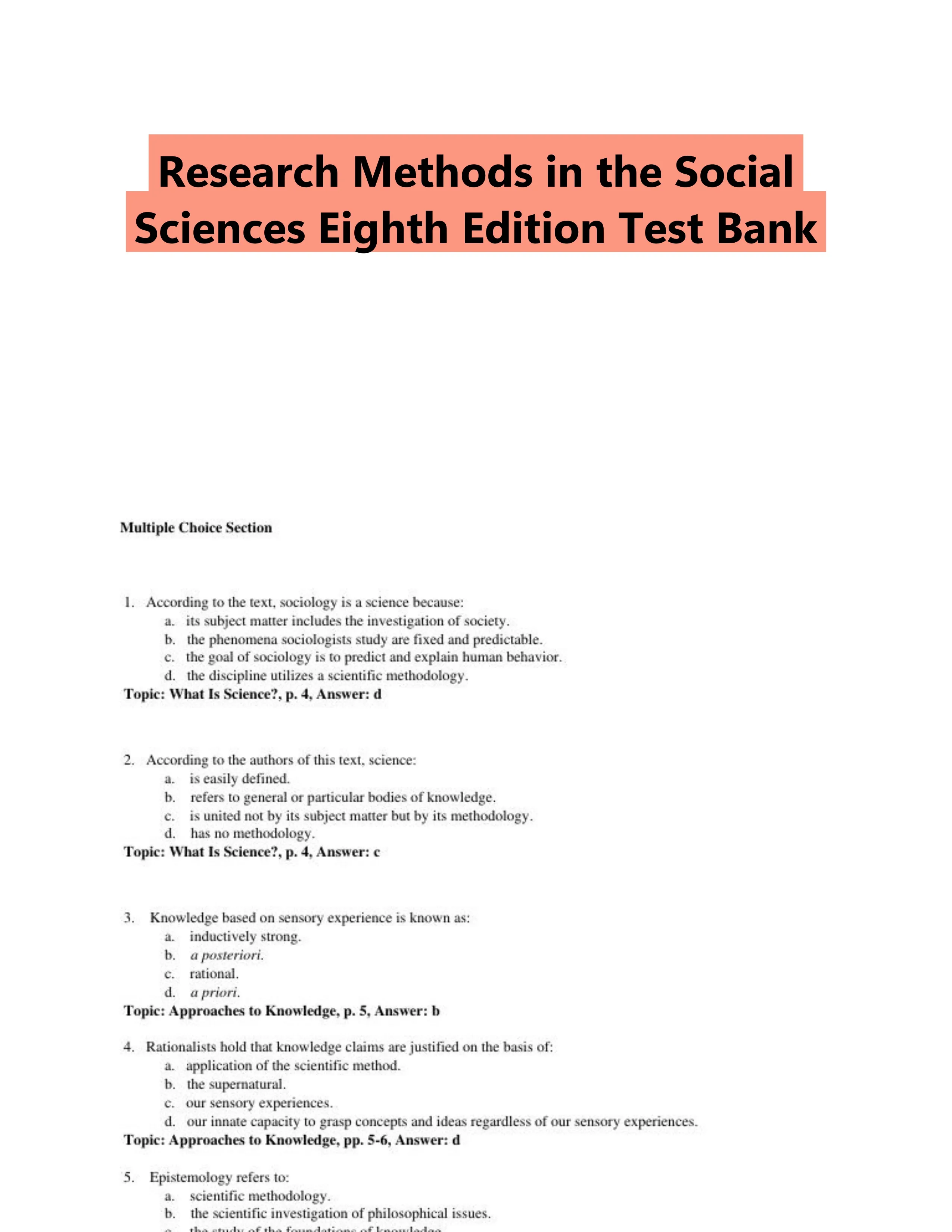 Research Methods in the Social Sciences Eighth Edition Test Bank