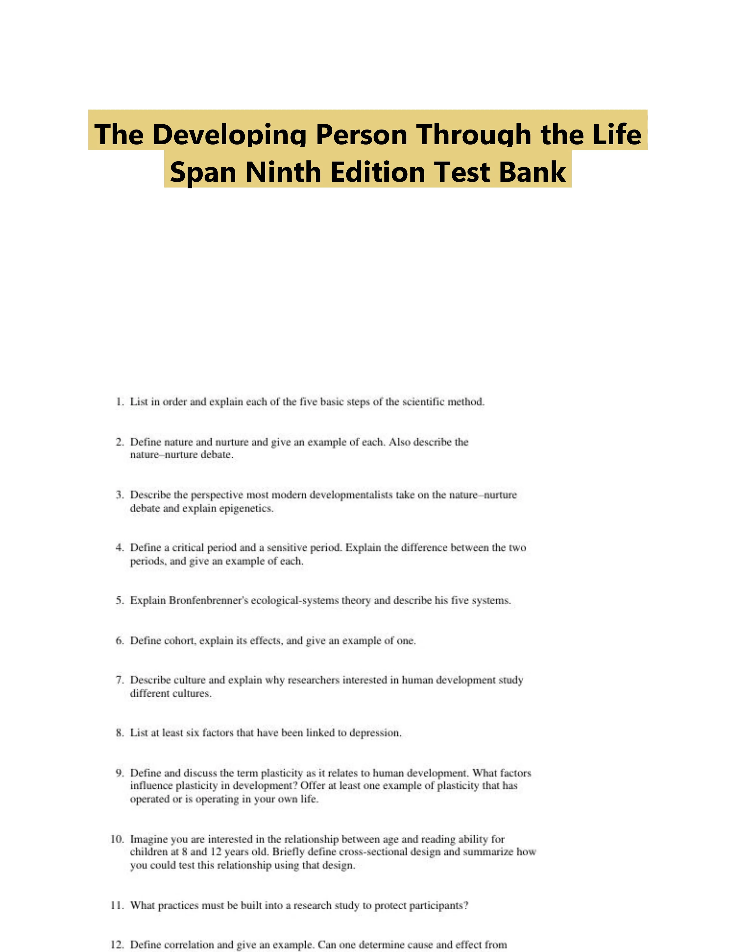 The Developing Person Through the Life Span Ninth Edition Test Bank