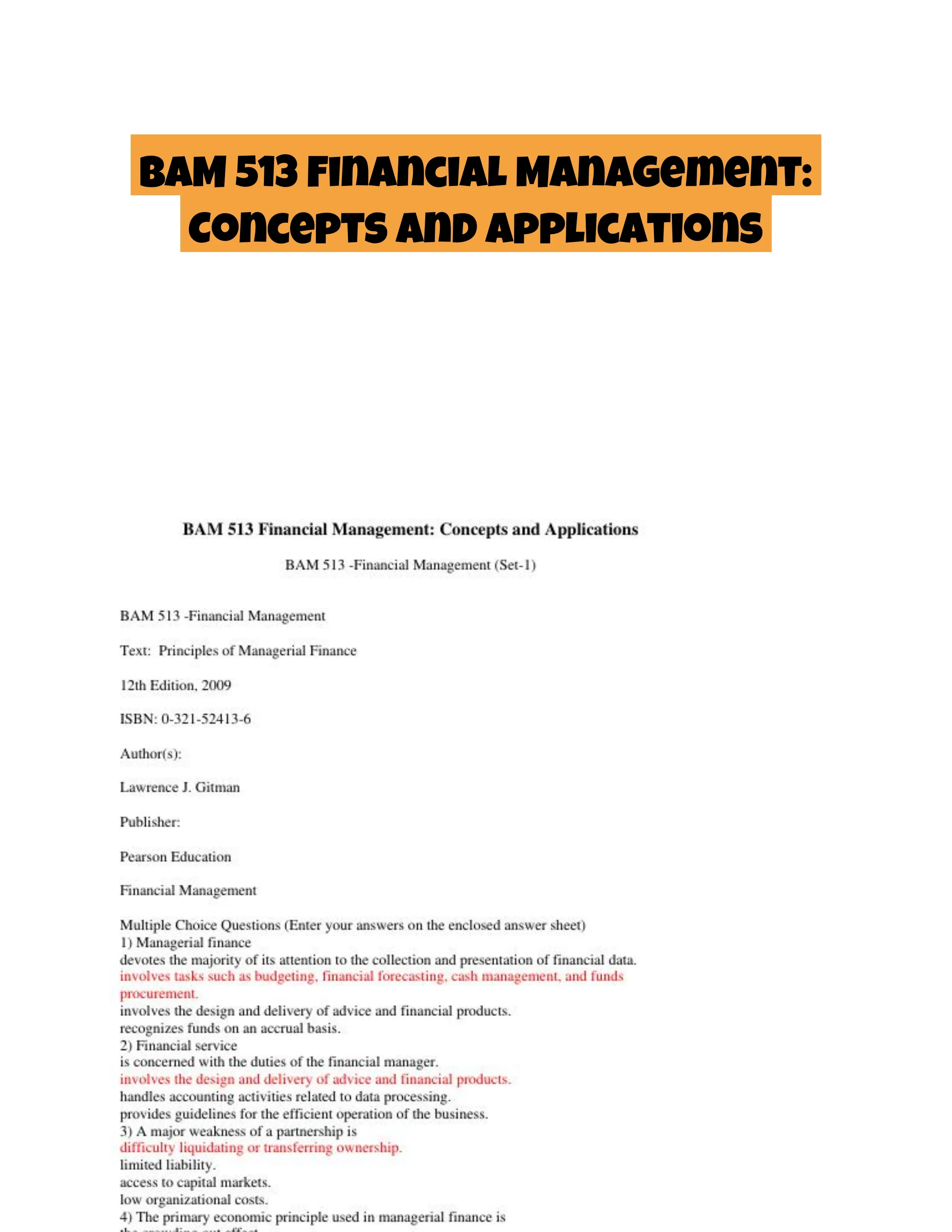 BAM 513 Financial Management: Concepts and Applications