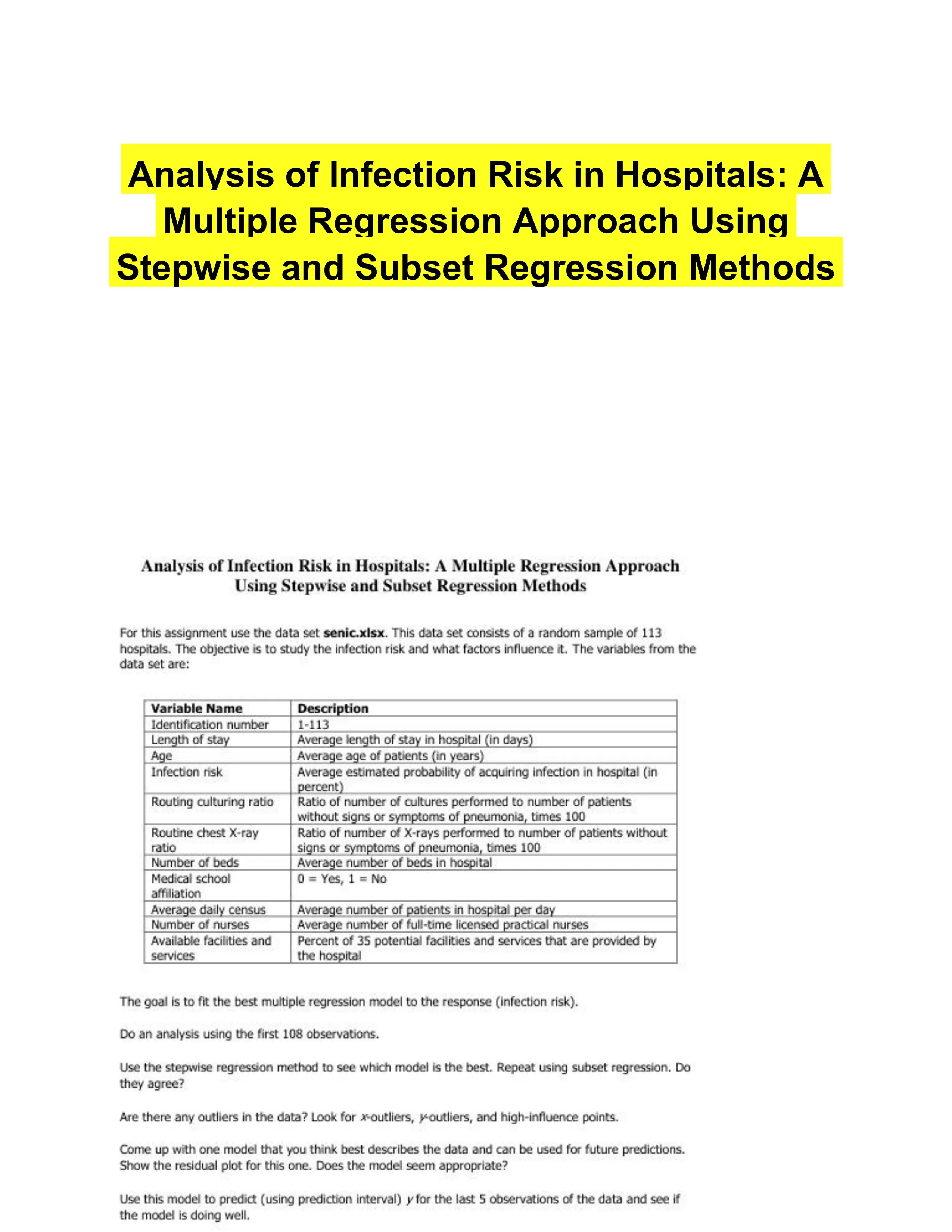 Analysis of Infection Risk in Hospitals: A Multiple Regression Approach Using Stepwise and Subset Regression Methods