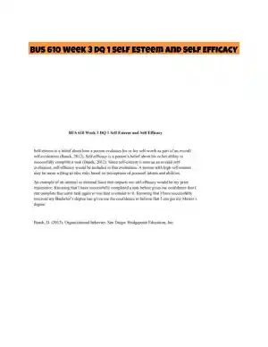 BUS 610 Week 3 DQ 1 Self Esteem and Self Efficacy