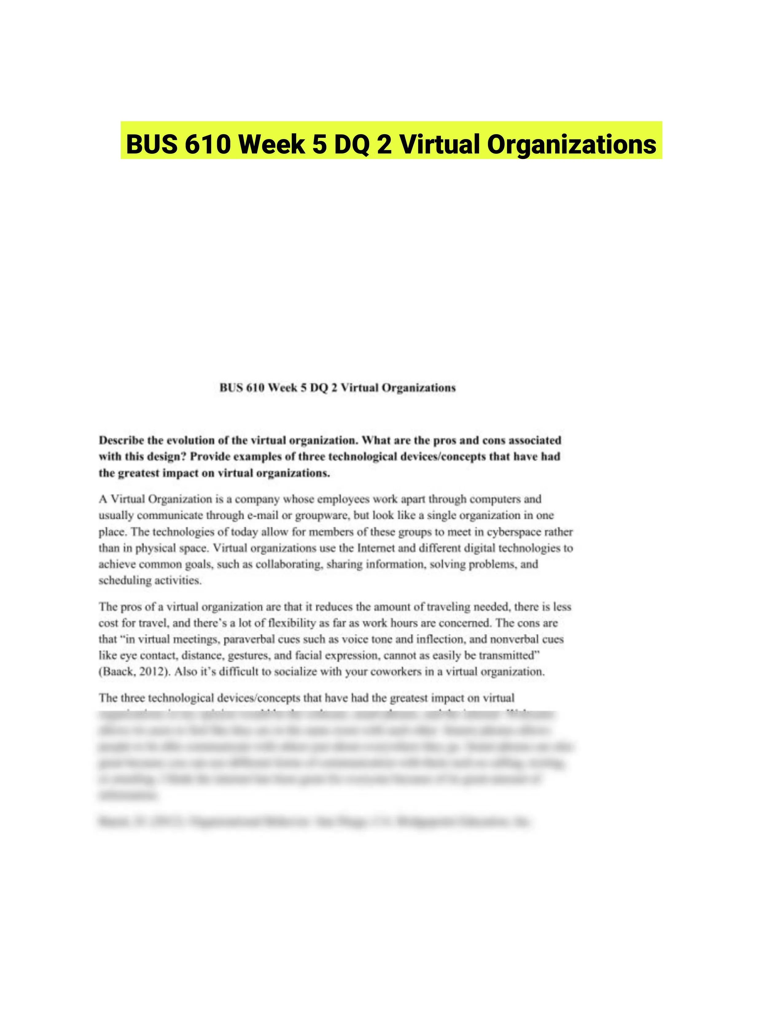 BUS 610 Week 5 DQ 2 Virtual Organizations