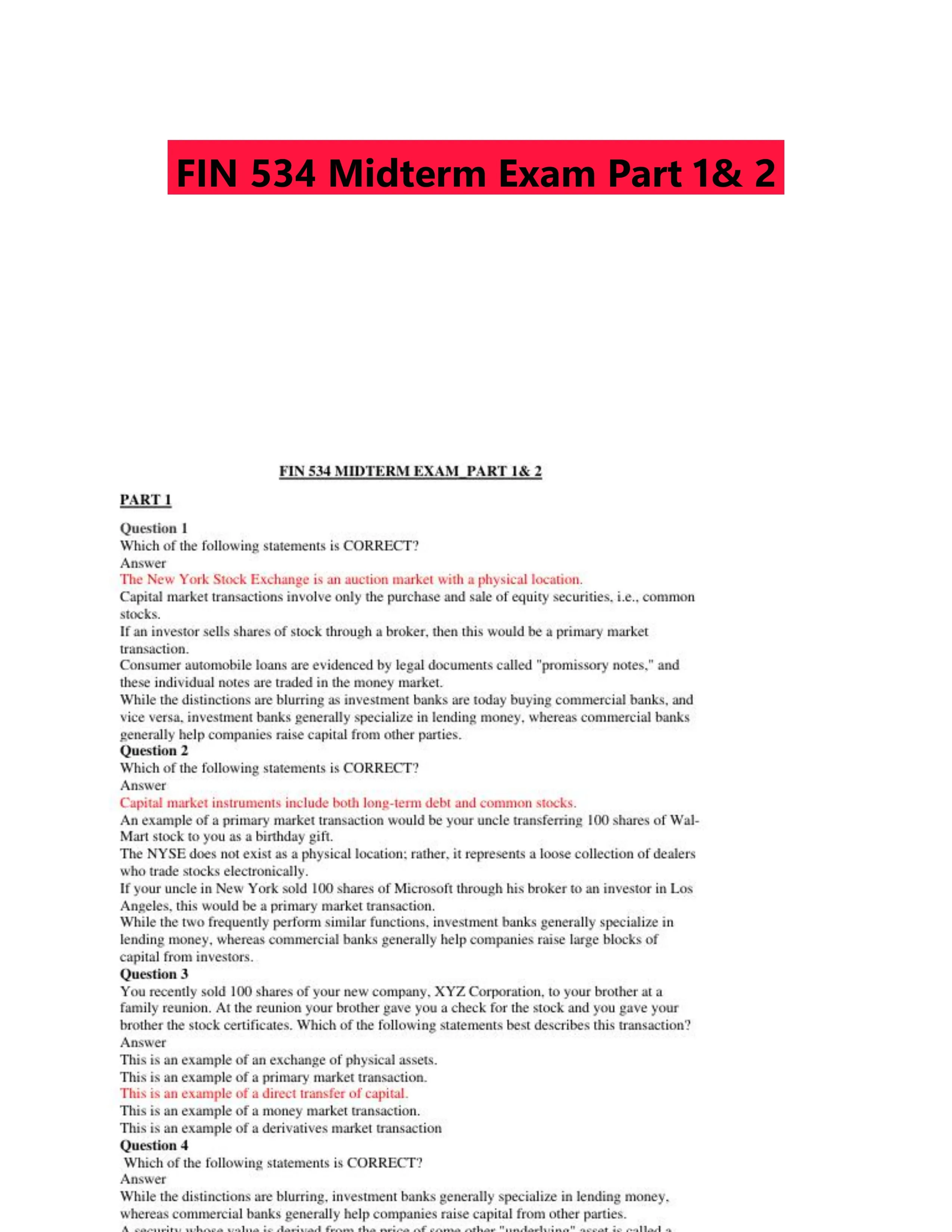 FIN 534 Midterm Exam Part 1& 2