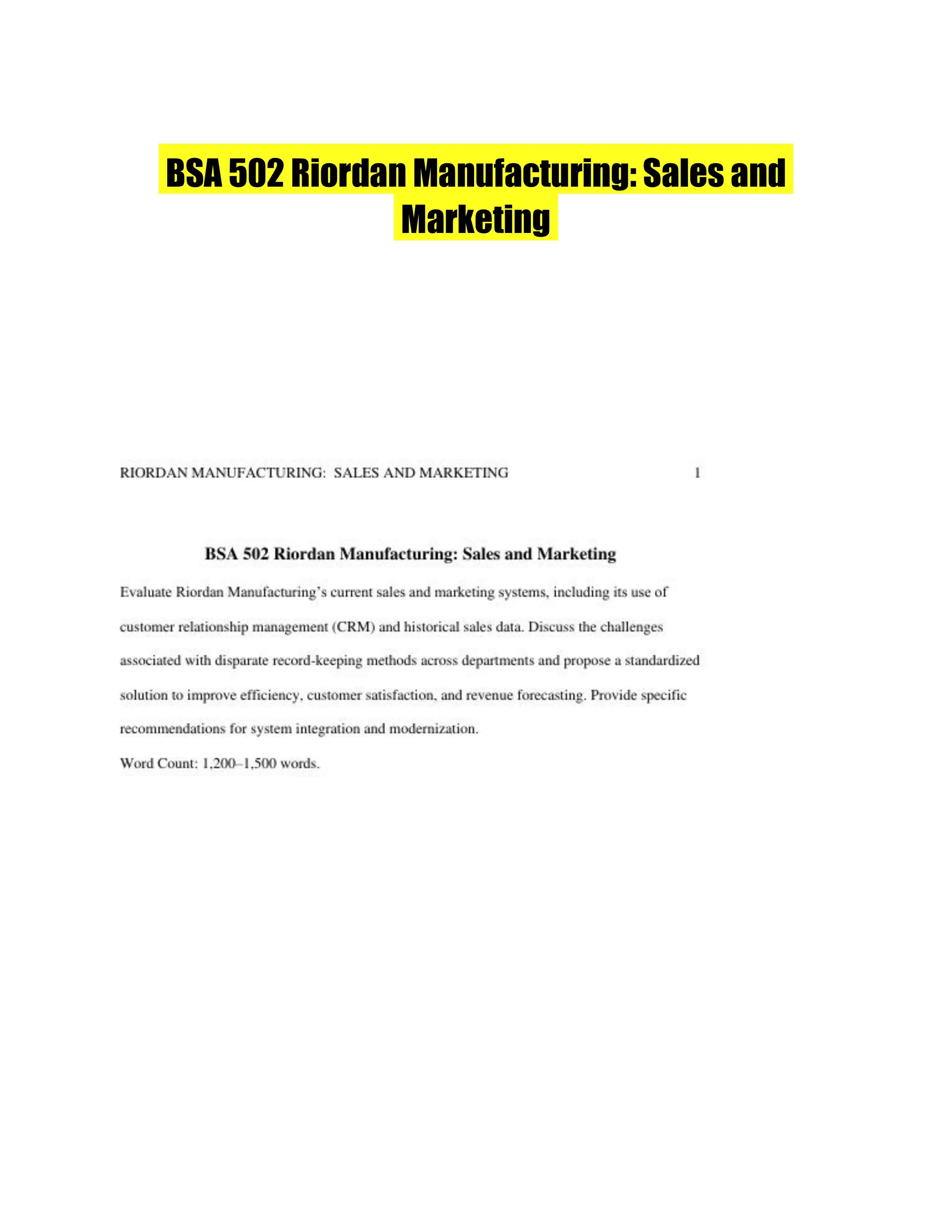 BSA 502 Riordan Manufacturing: Sales and Marketing
