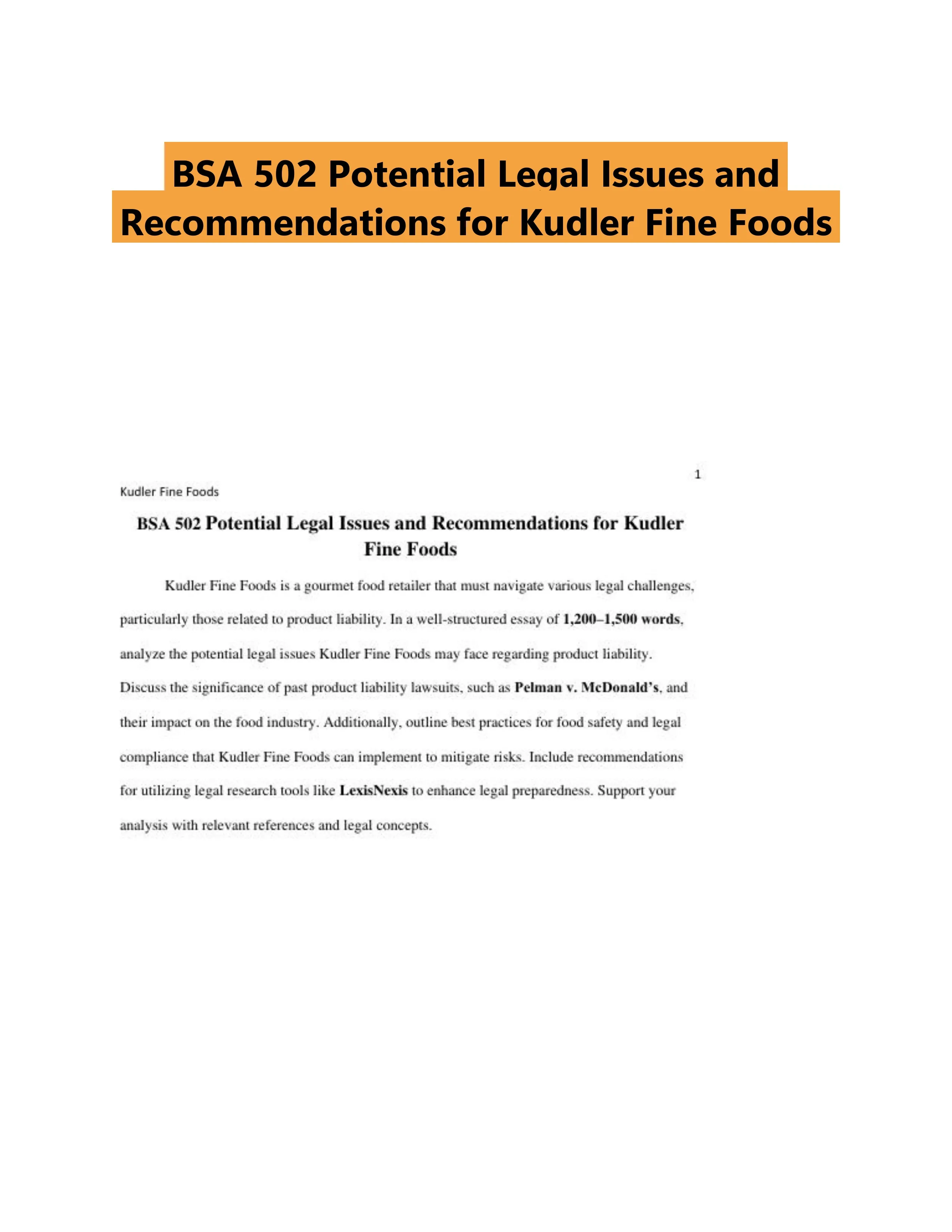 BSA 502 Potential Legal Issues and Recommendations for Kudler Fine Foods