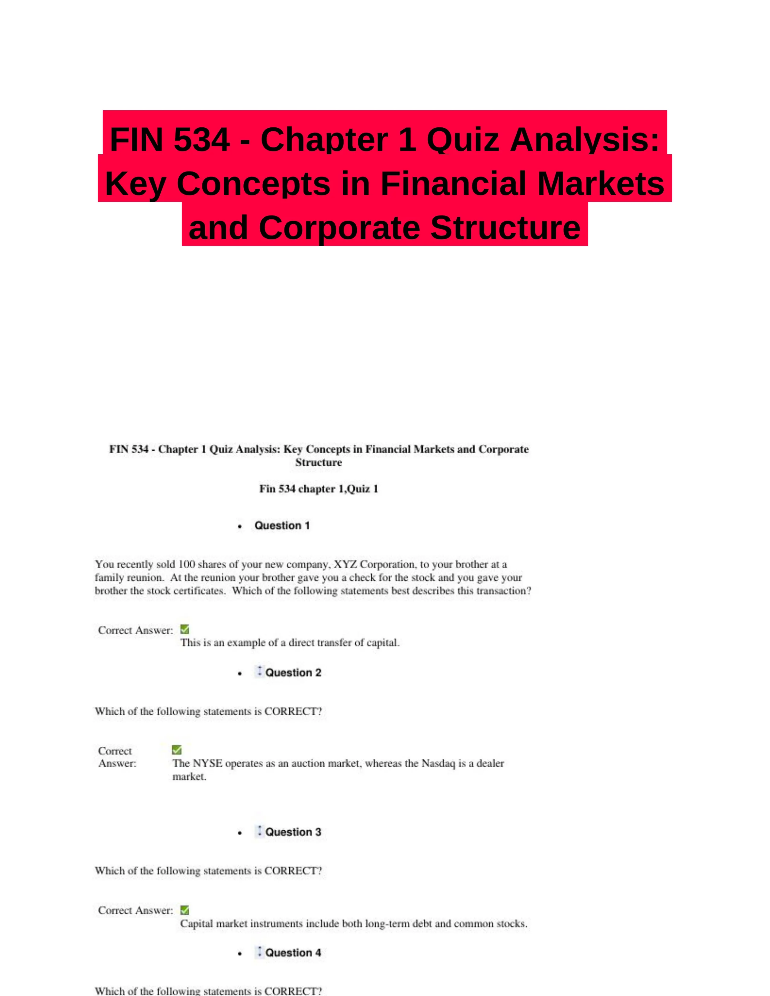 FIN 534 - Chapter 1 Quiz Analysis: Key Concepts in Financial Markets and Corporate Structure
