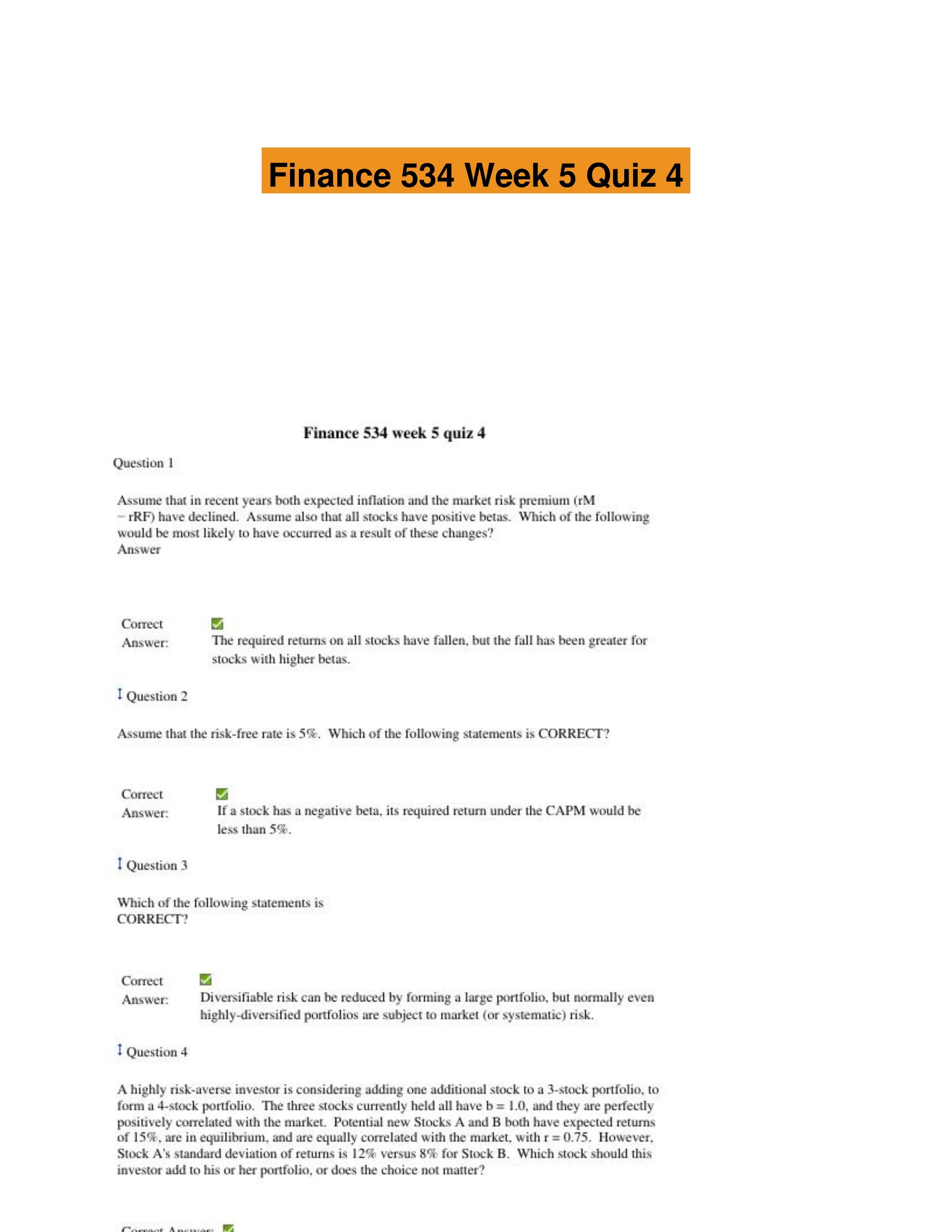 Finance 534 Week 5 Quiz 4