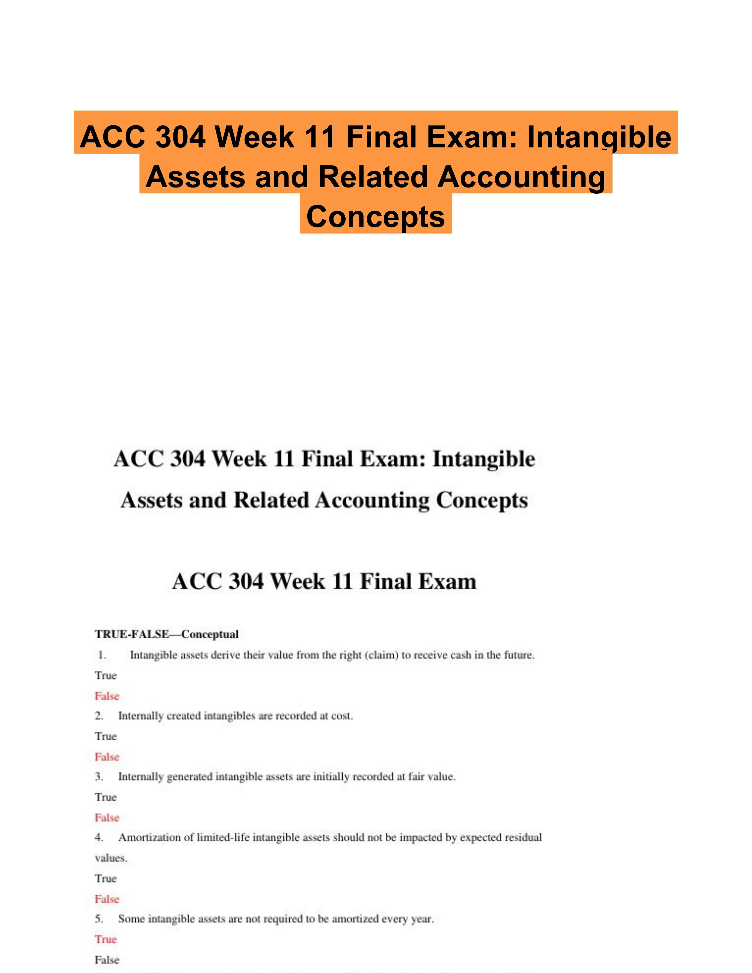 ACC 304 Week 11 Final Exam: Intangible Assets and Related Accounting Concepts