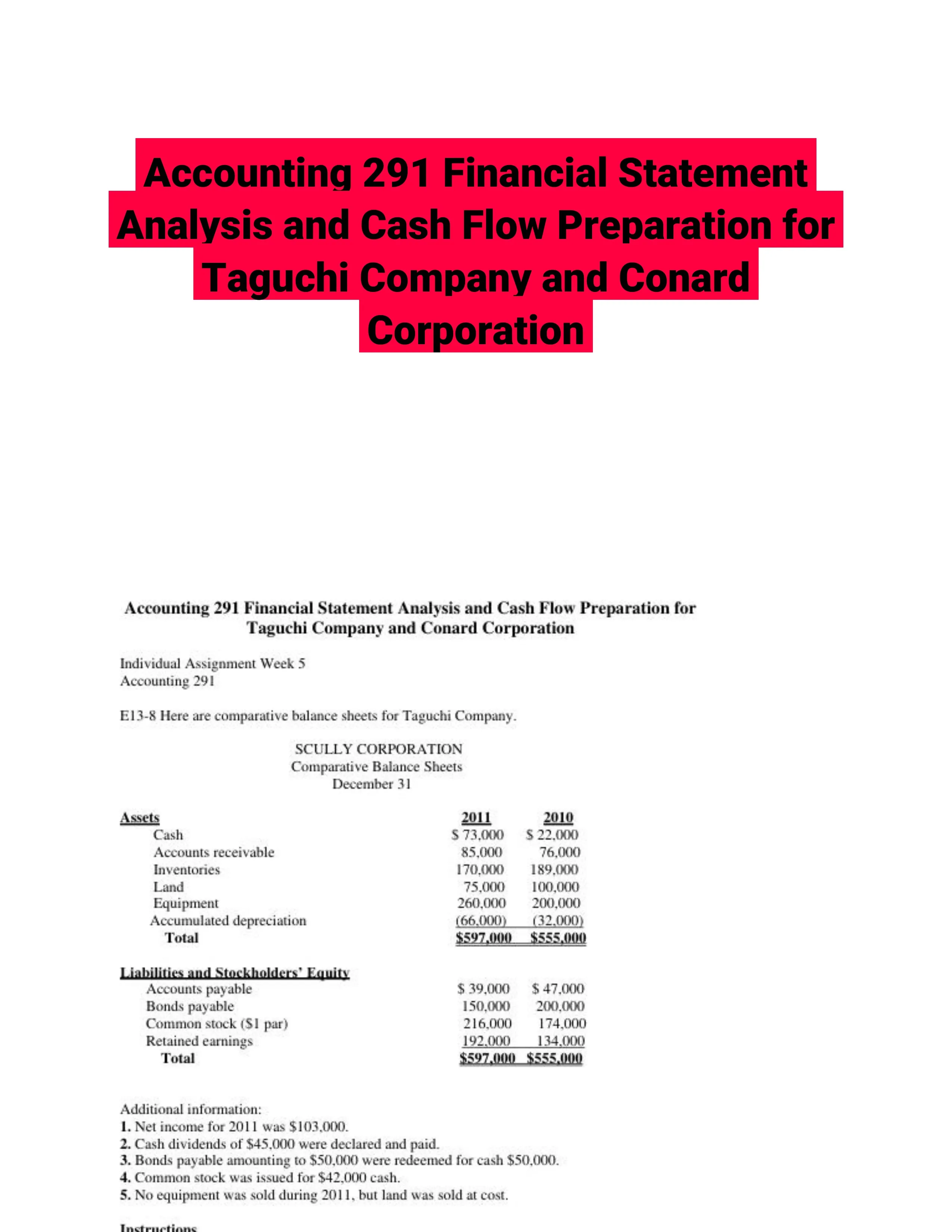 Accounting 291 Financial Statement Analysis and Cash Flow Preparation for Taguchi Company and Conard Corporation