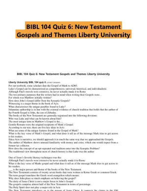 BIBL 104 Quiz 6: New Testament Gospels and Themes Liberty University