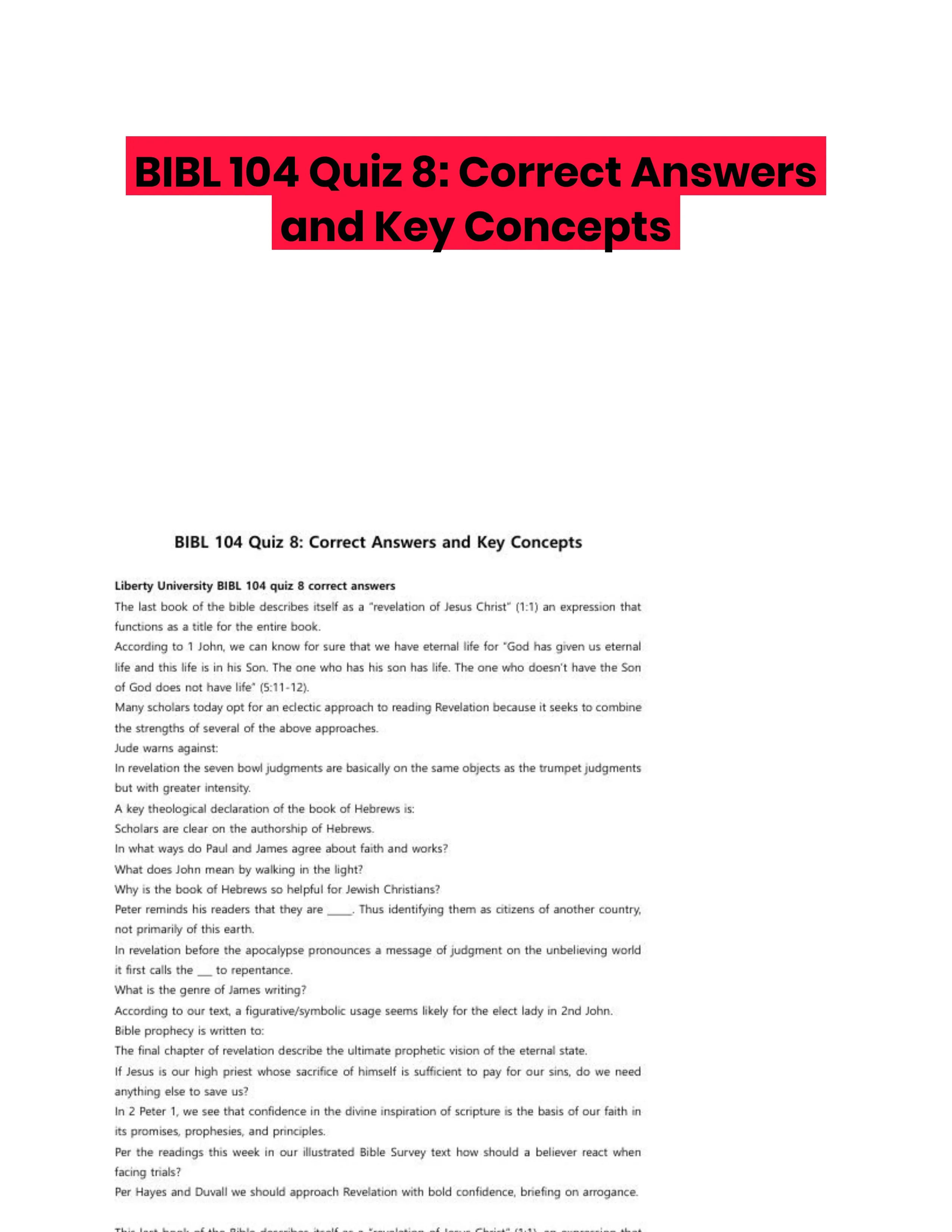 BIBL 104 Quiz 8: Correct Answers and Key Concepts