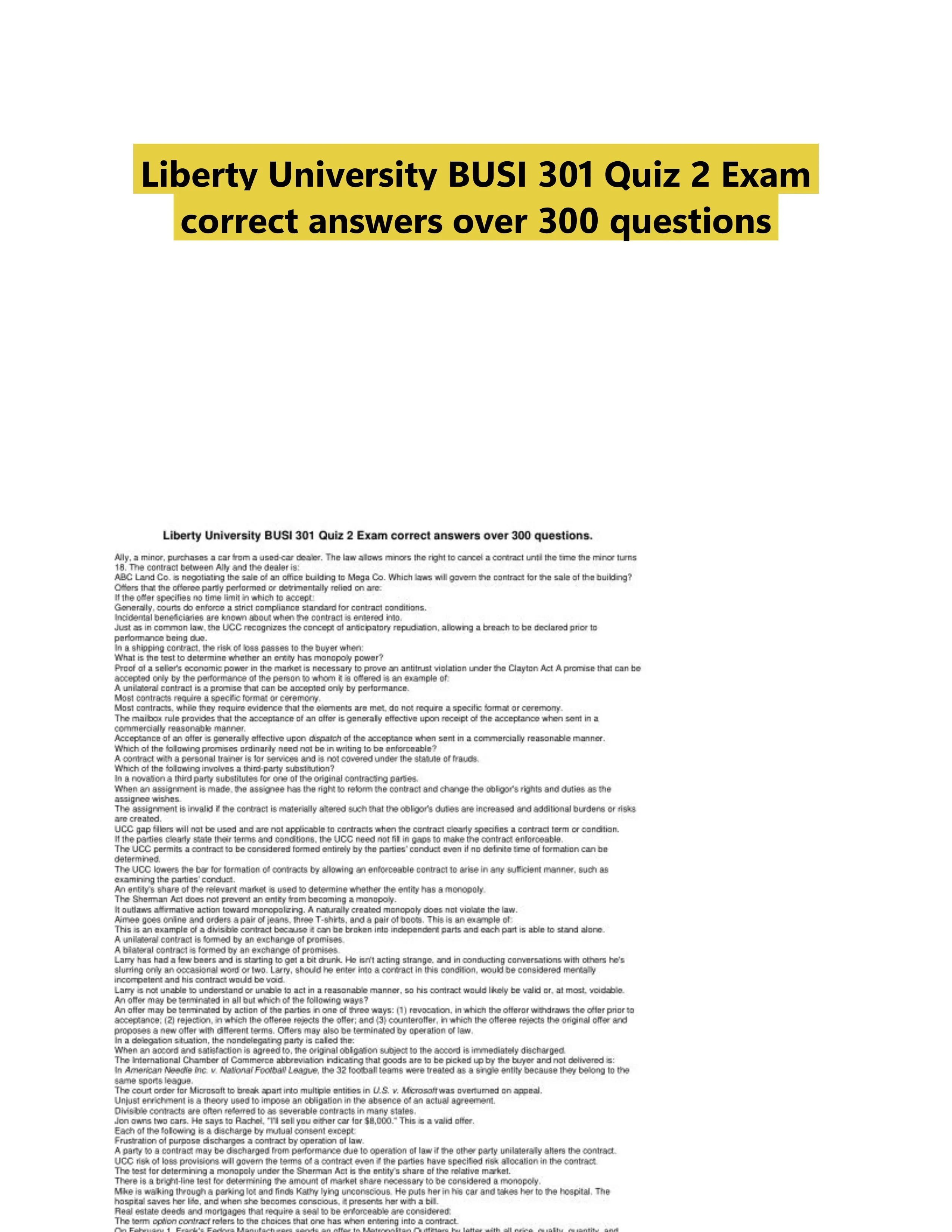 Liberty University BUSI 301 Quiz 2 Exam correct answers over 300 questions