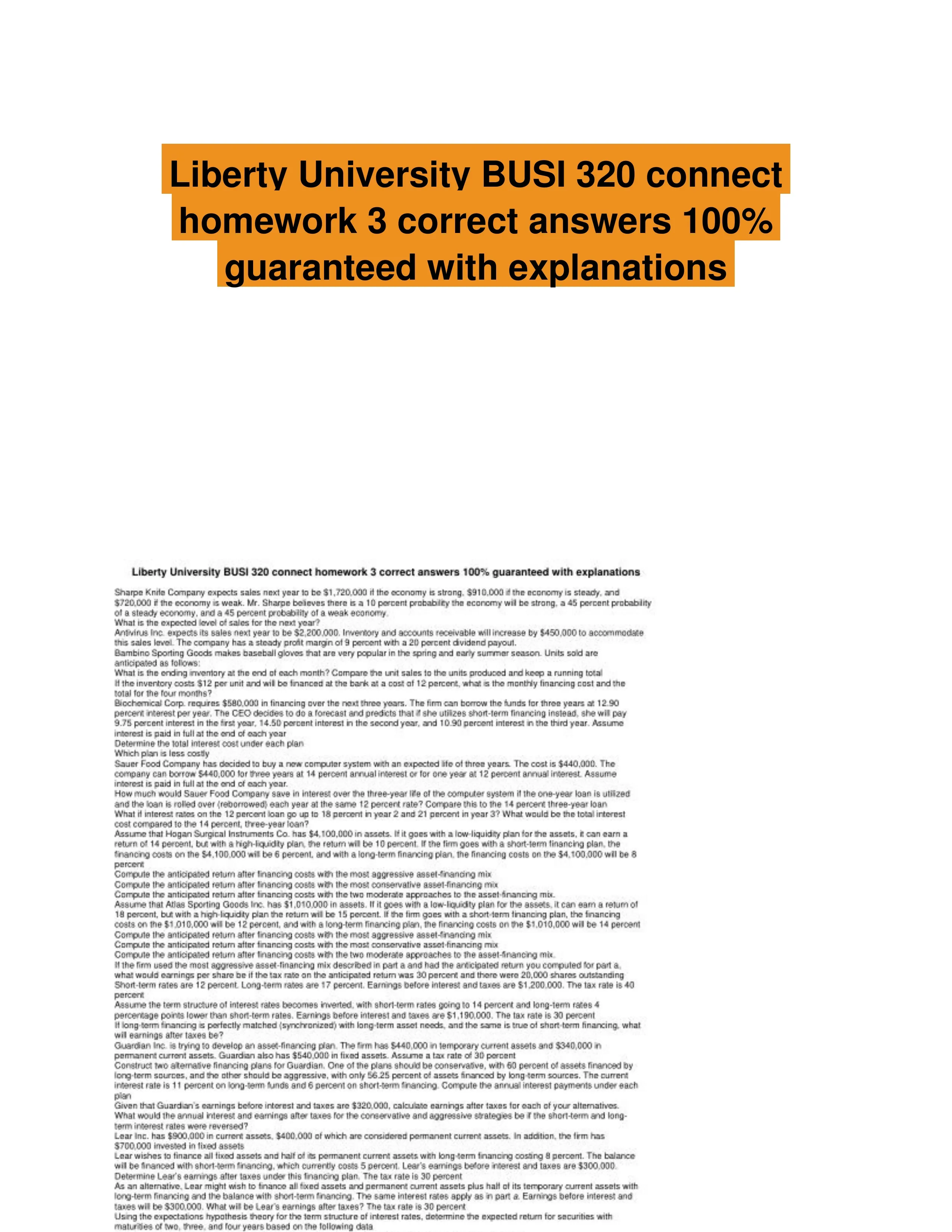 Liberty University BUSI 320 connect homework 3 correct answers 100% guaranteed with explanations