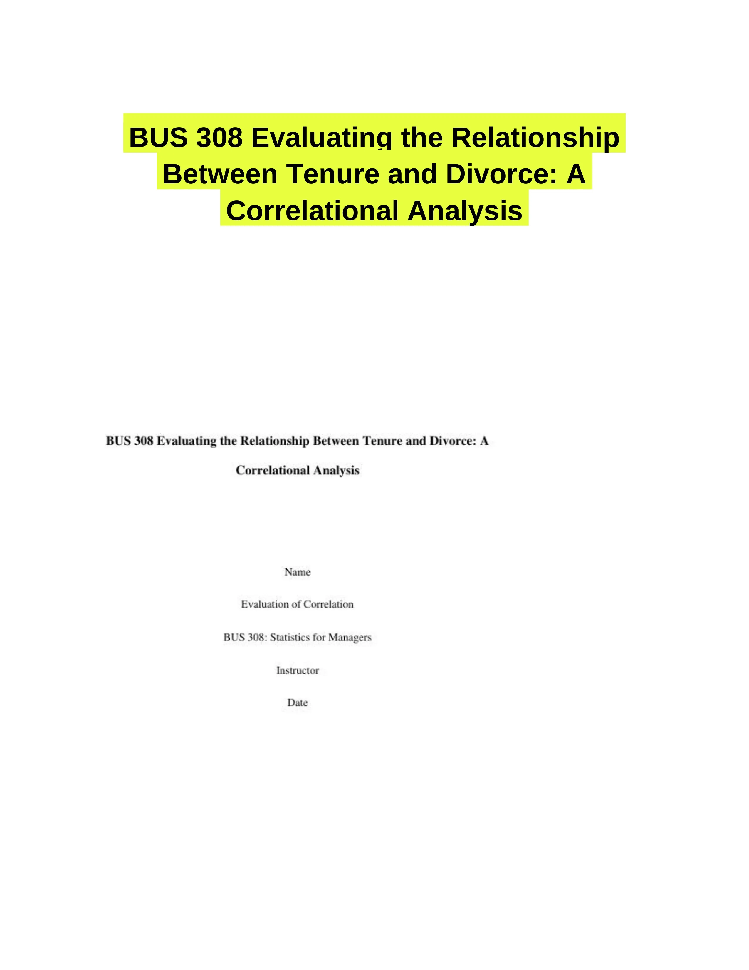 BUS 308 Evaluating the Relationship Between Tenure and Divorce: A Correlational Analysis