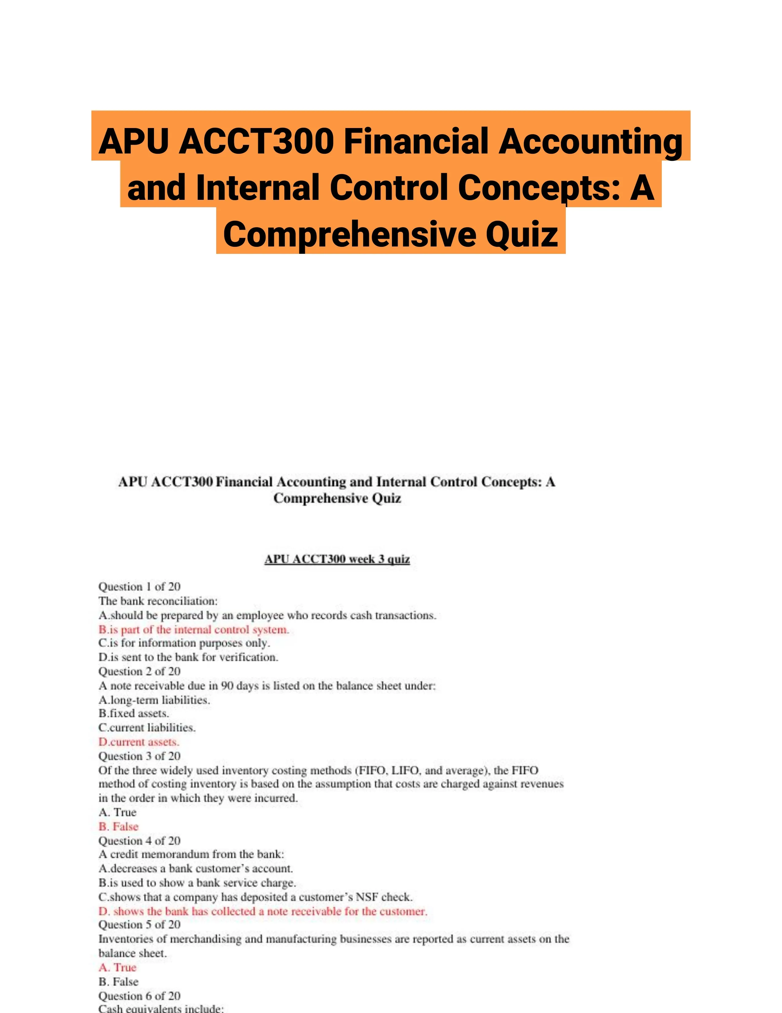 APU ACCT300 Financial Accounting and Internal Control Concepts: A Comprehensive Quiz