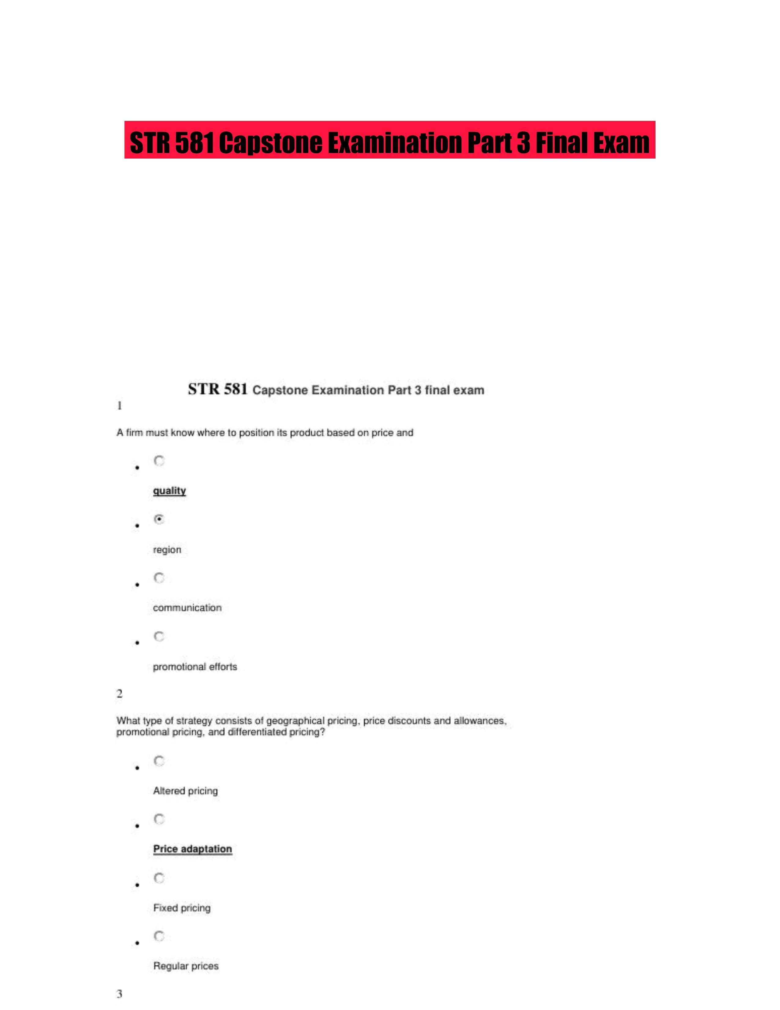 STR 581 Capstone Examination Part 3 Final Exam