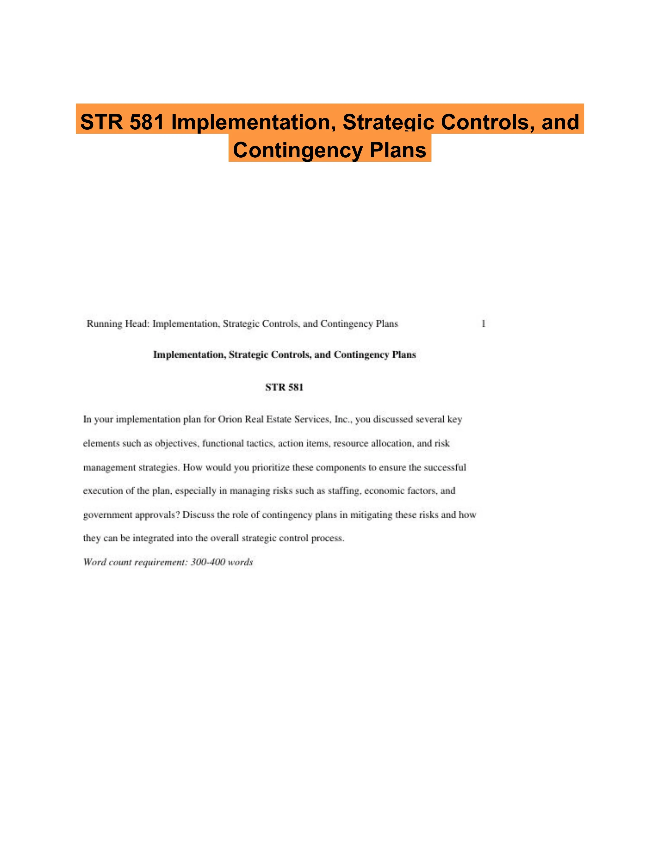 STR 581 Implementation, Strategic Controls, and Contingency Plans