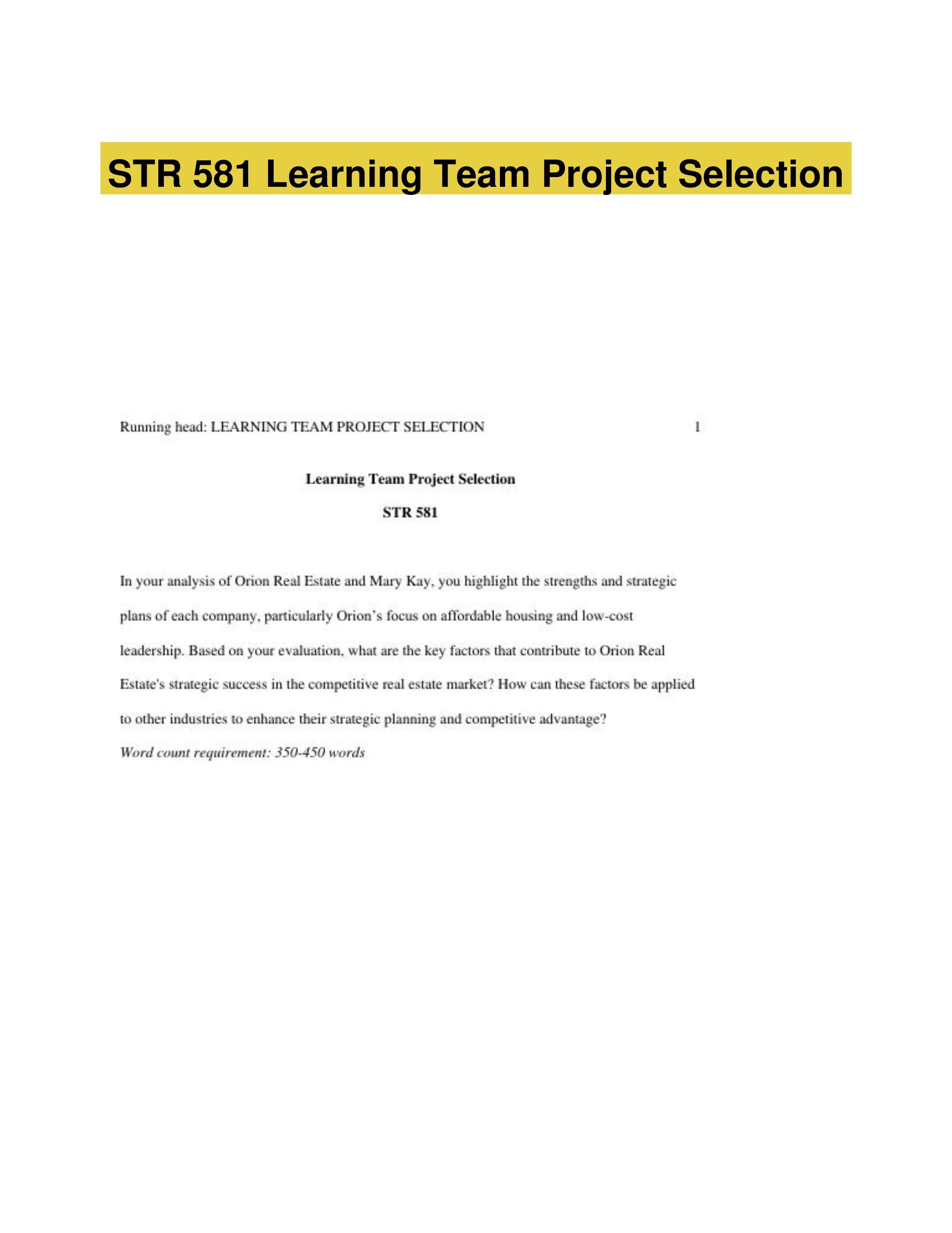 STR 581 Learning Team Project Selection