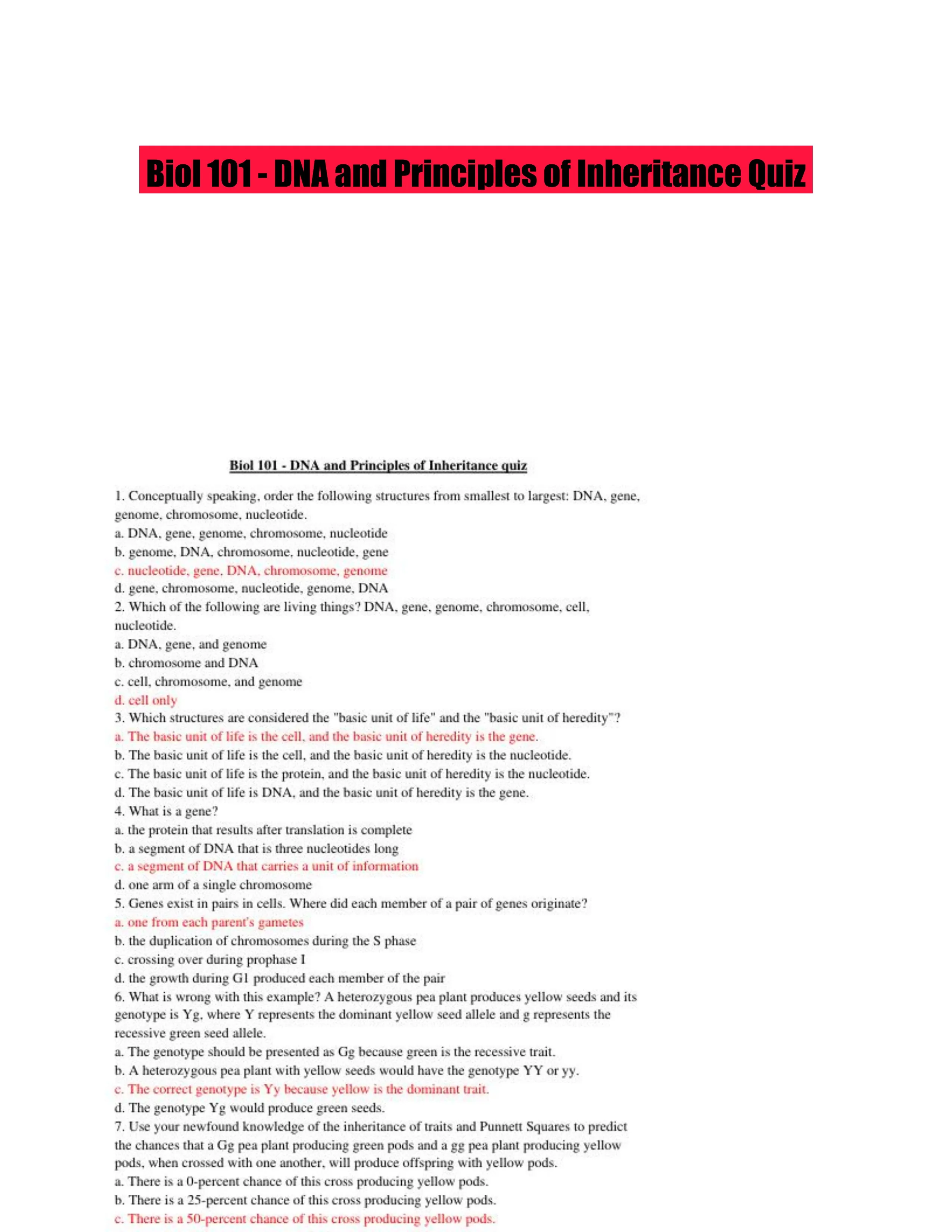 Biol 101 - DNA and Principles of Inheritance Quiz