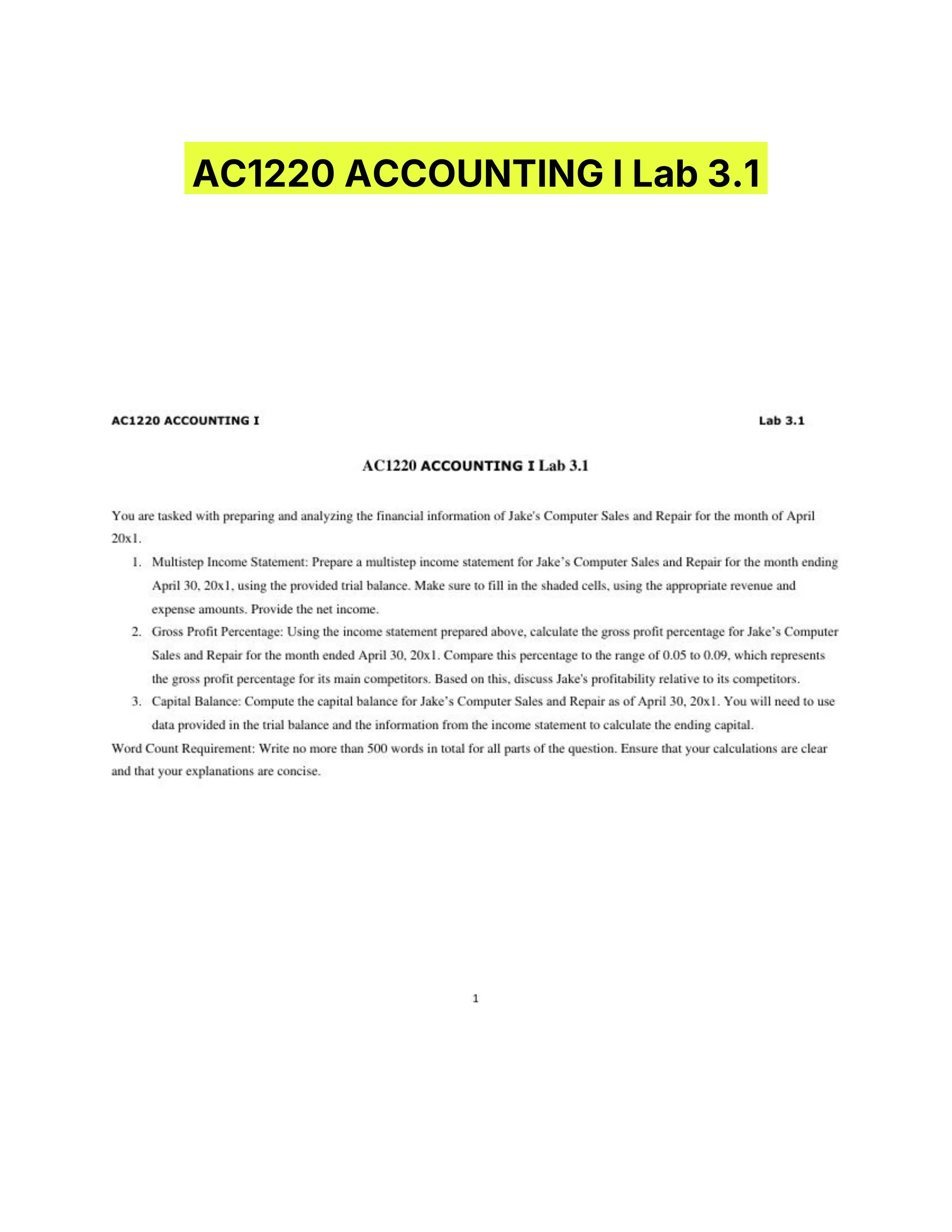 AC1220 ACCOUNTING I Lab 3.1
