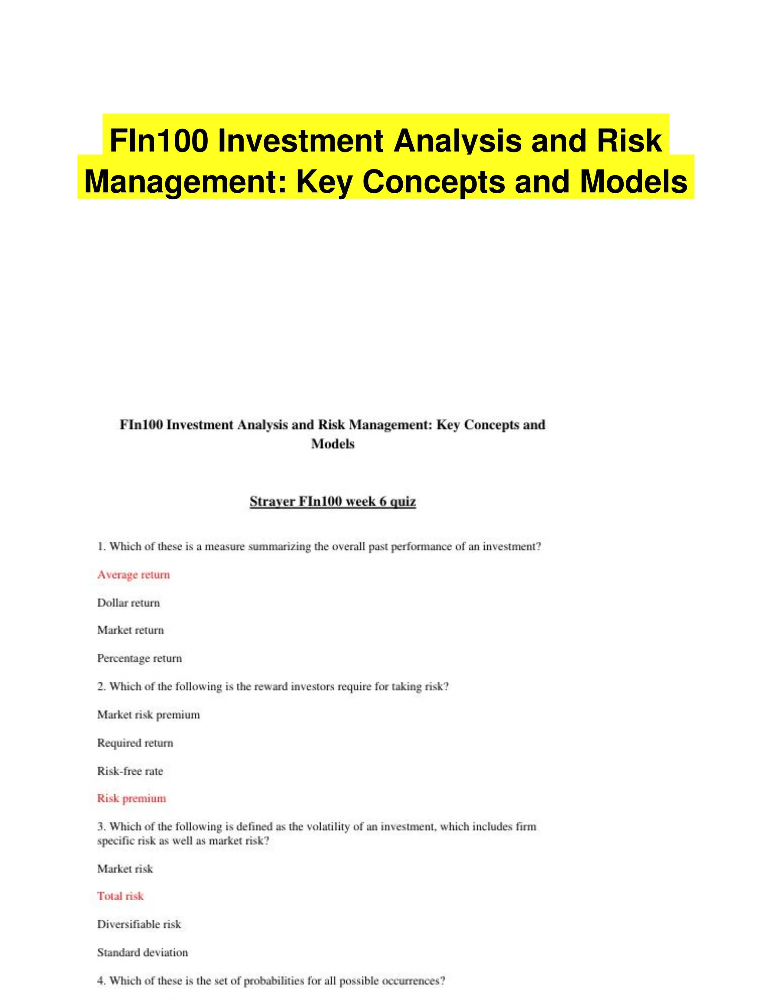 FIn100 Investment Analysis and Risk Management: Key Concepts and Models