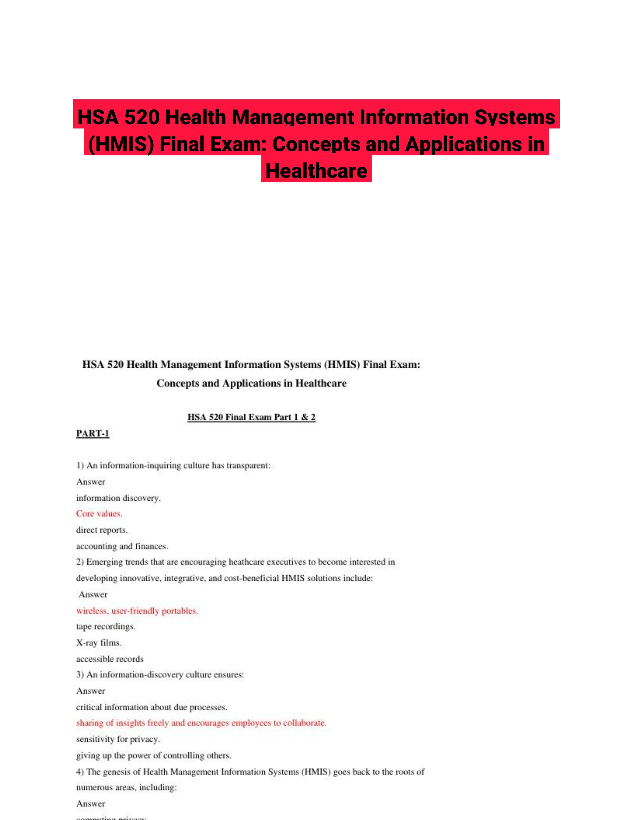 HSA 520 Health Management Information Systems (HMIS) Final Exam: Concepts and Applications in Healthcare
