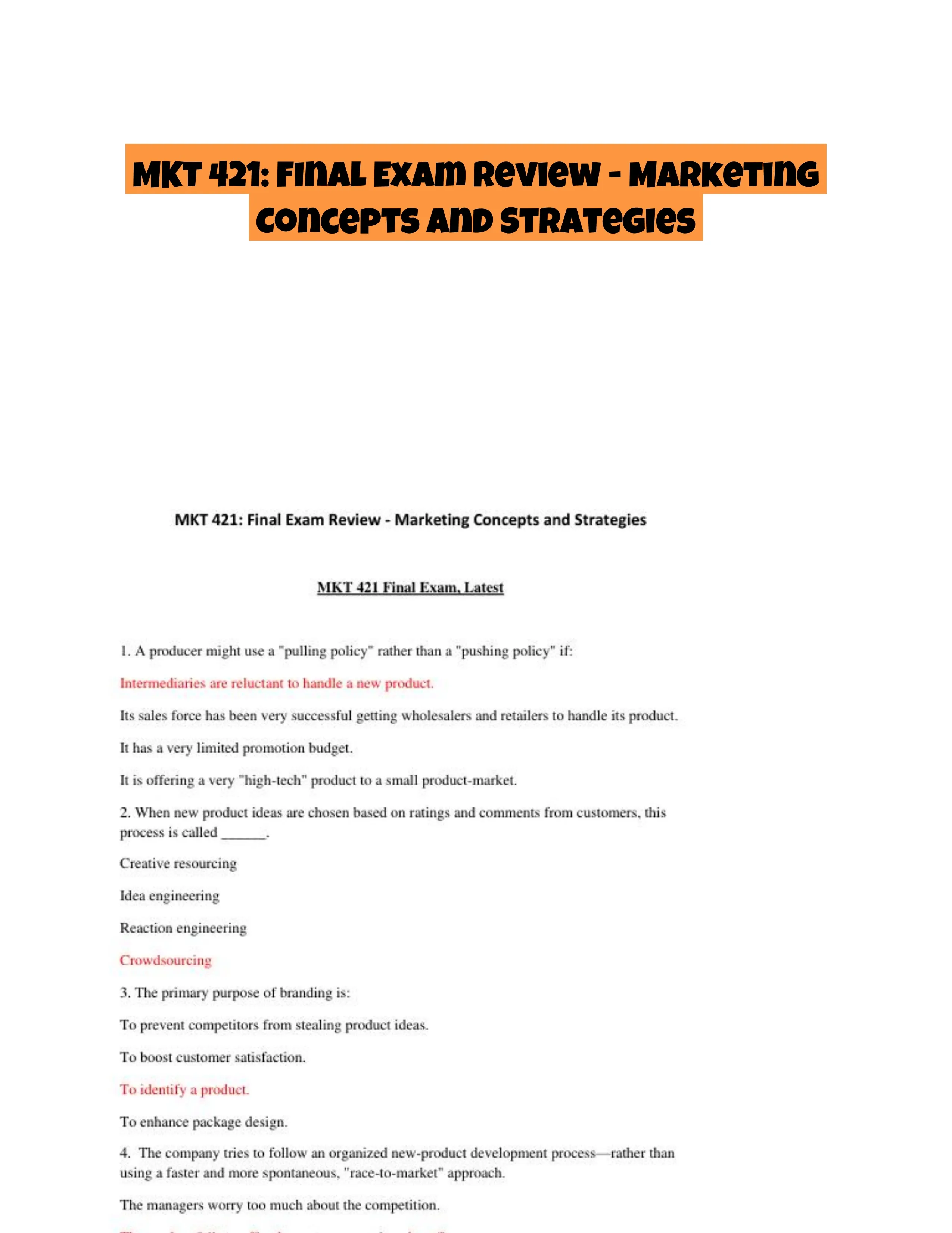 MKT 421: Final Exam Review - Marketing Concepts and Strategies