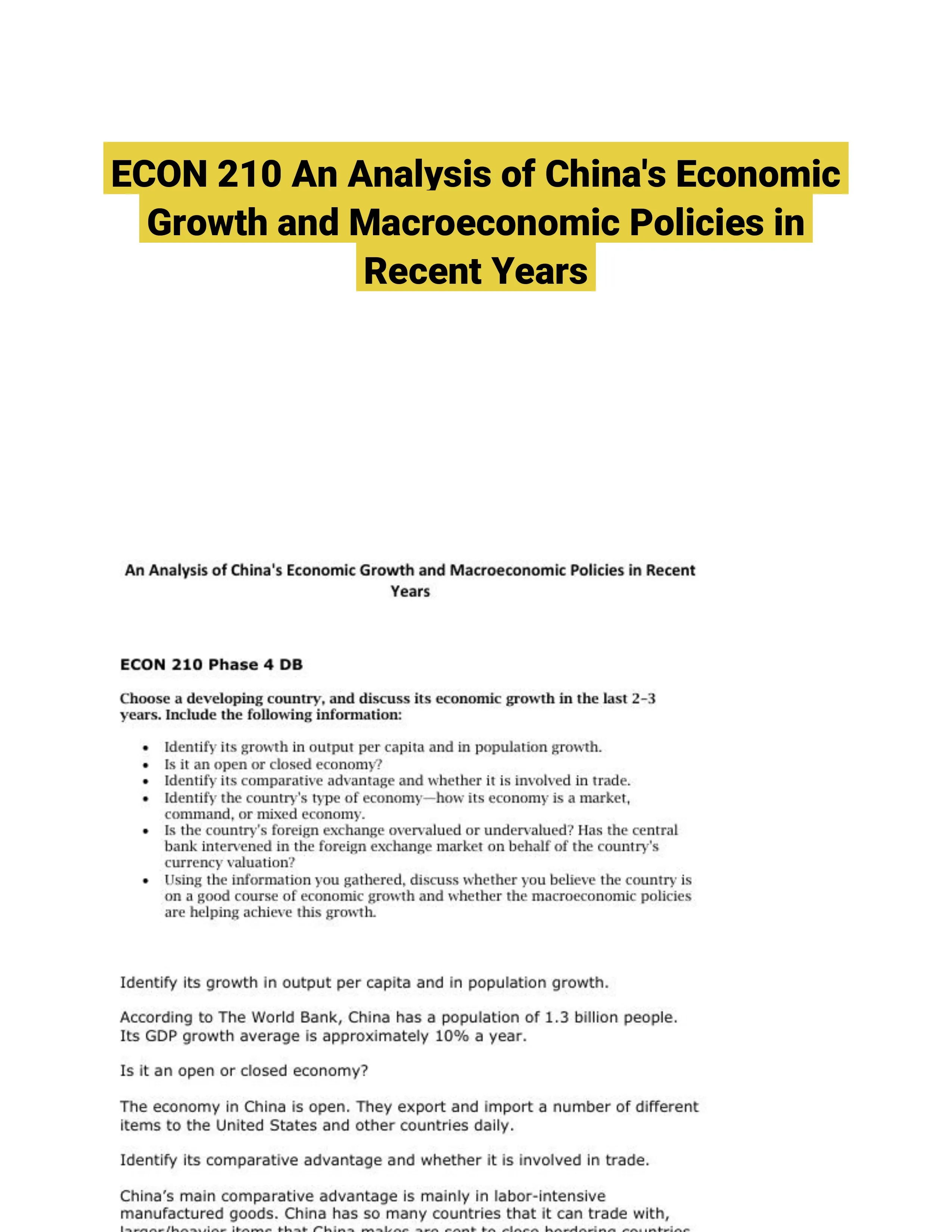 ECON 210 An Analysis of China's Economic Growth and Macroeconomic Policies in Recent Years