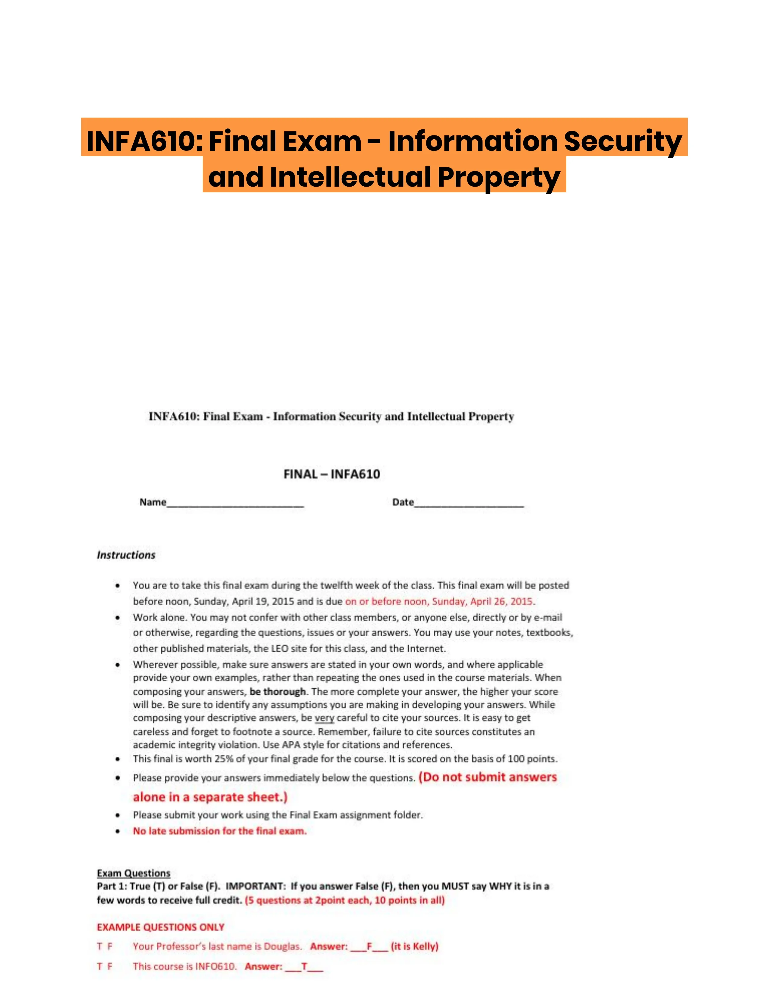 INFA610: Final Exam - Information Security and Intellectual Property