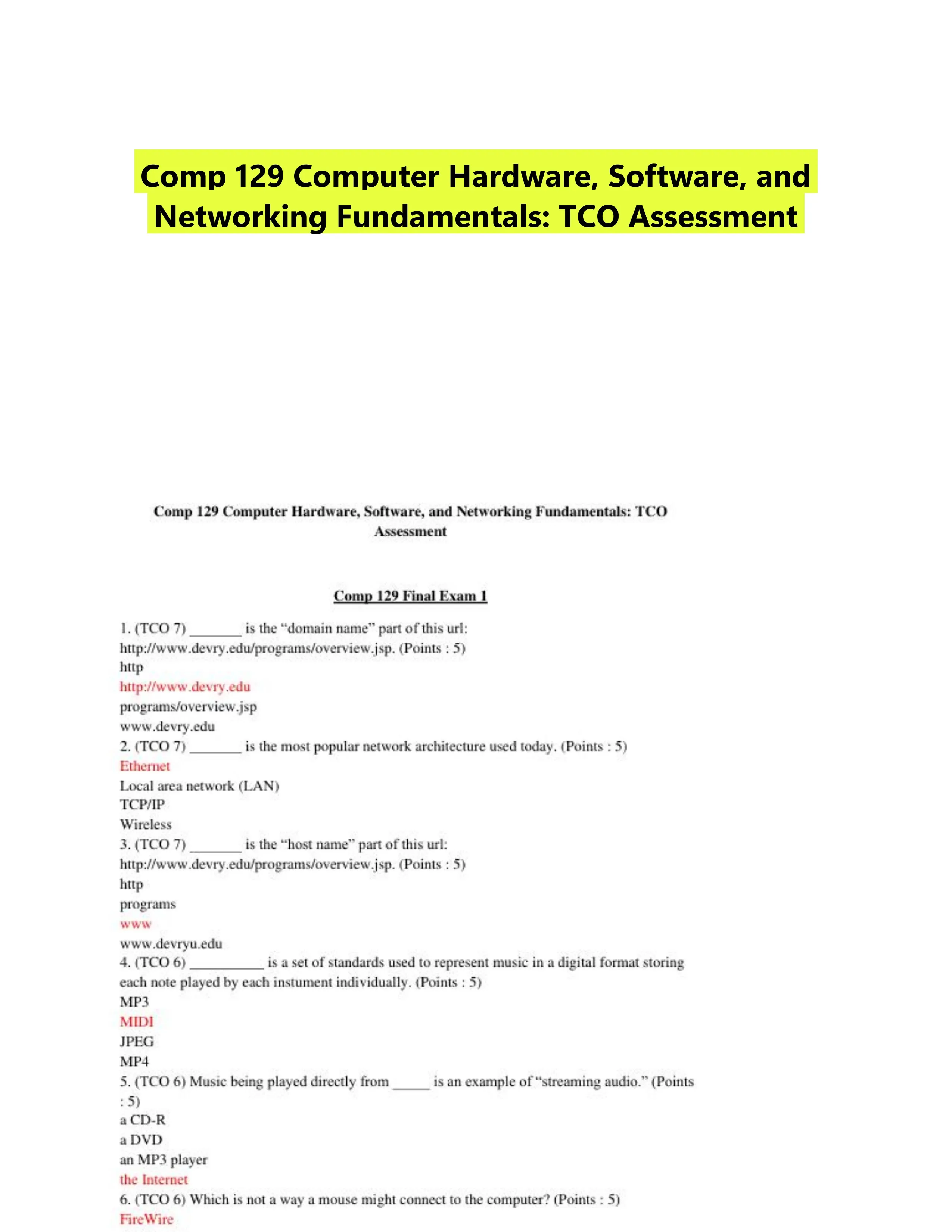 Comp 129 Computer Hardware, Software, and Networking Fundamentals: TCO Assessment