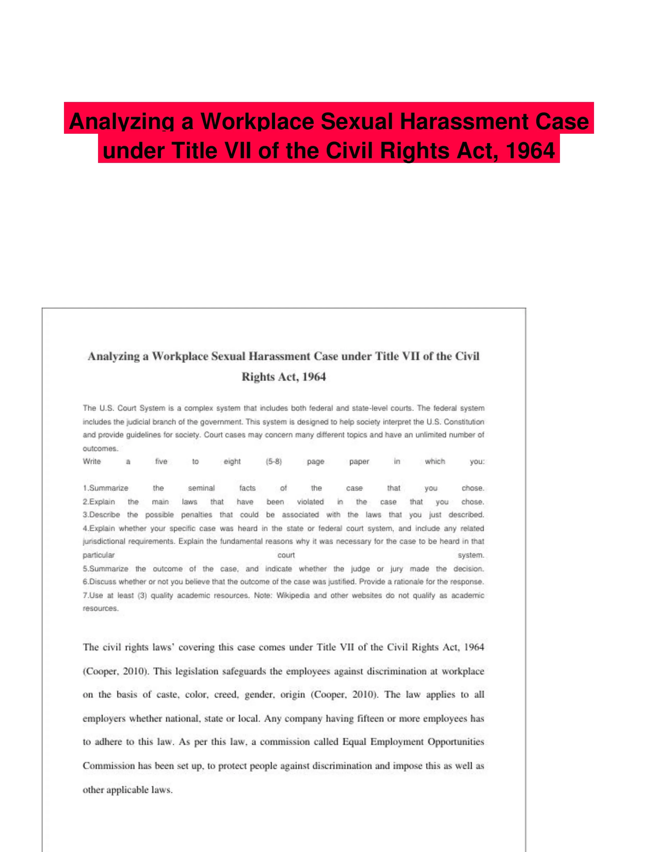Analyzing a Workplace Sexual Harassment Case under Title VII of the Civil Rights Act, 1964
