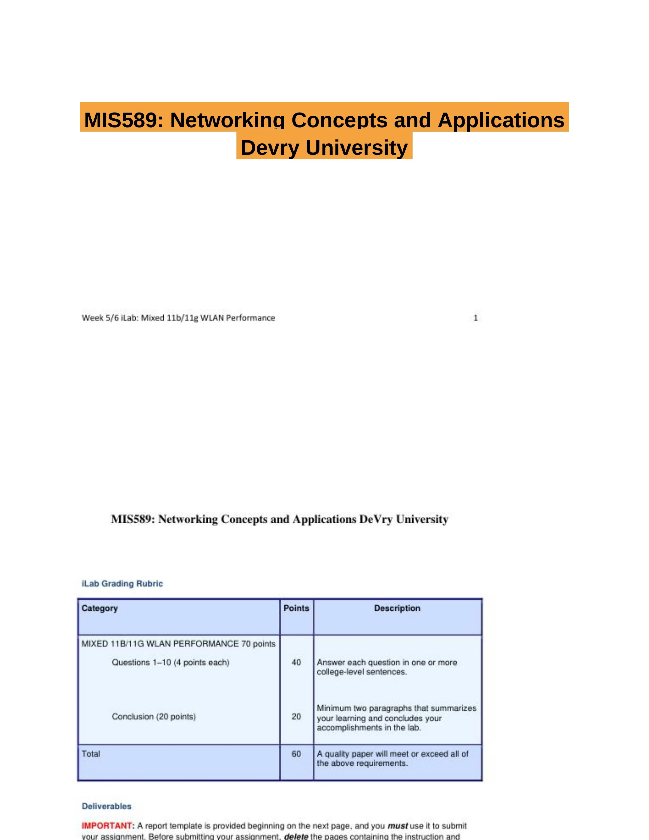 MIS589: Networking Concepts and Applications Devry University