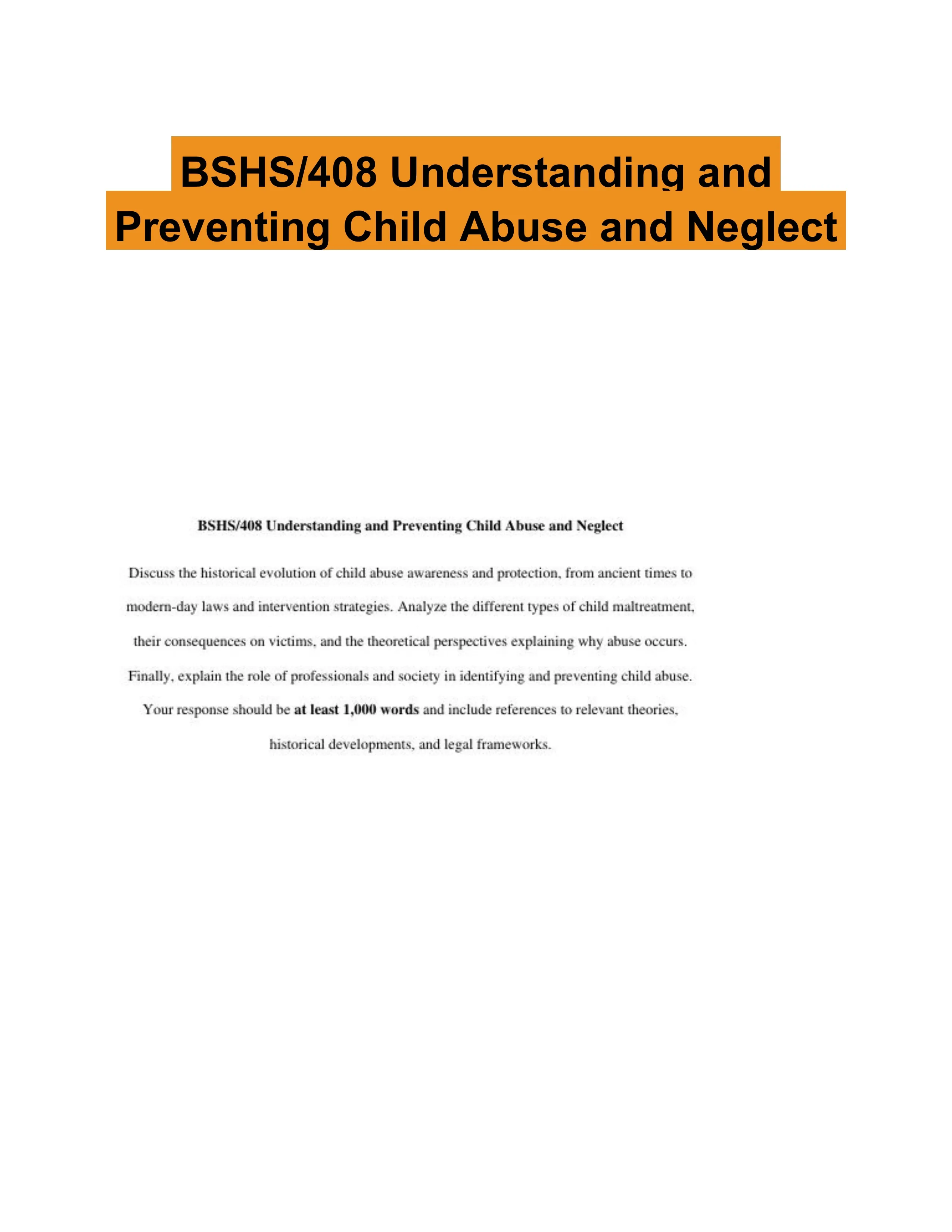 BSHS/408 Understanding and Preventing Child Abuse and Neglect