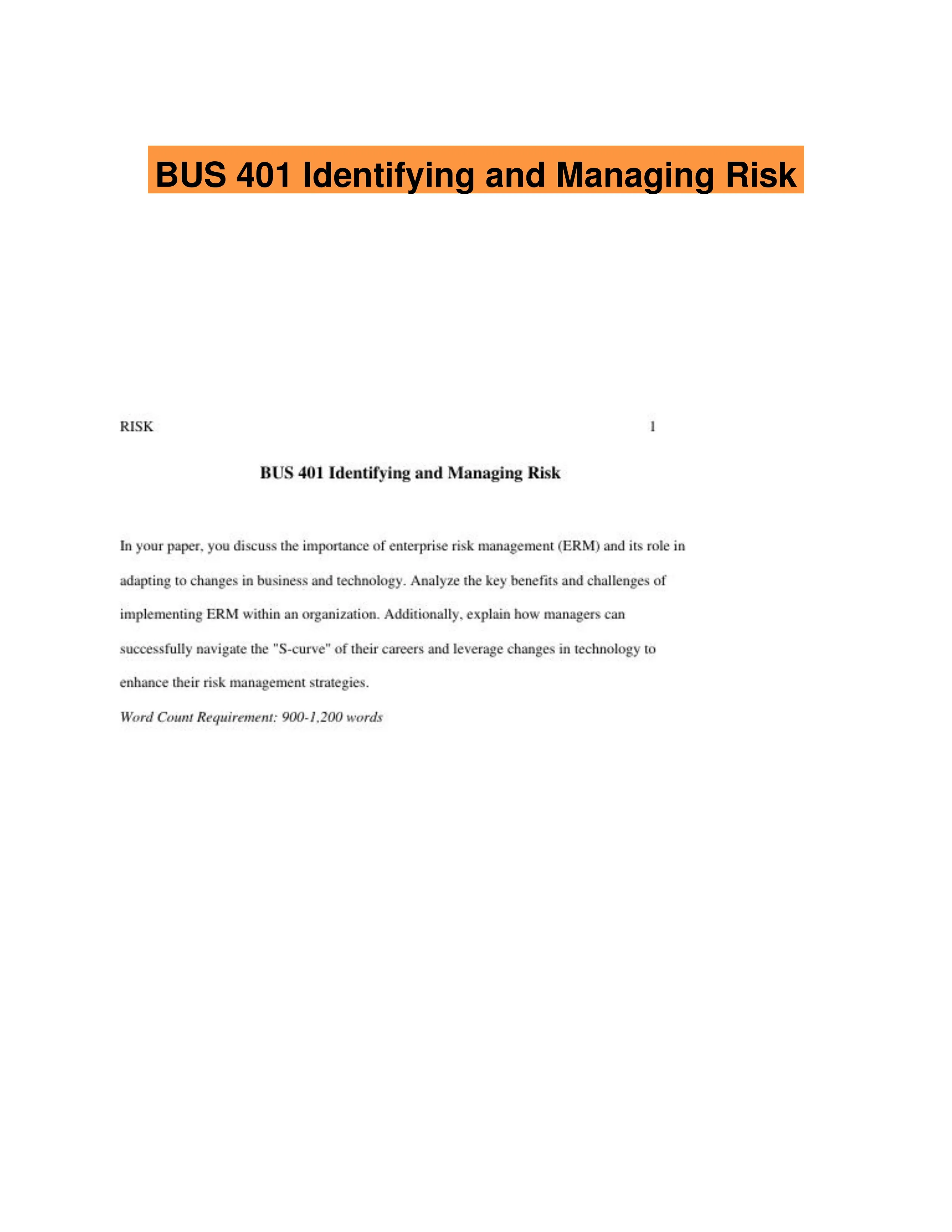 BUS 401 Identifying and Managing Risk