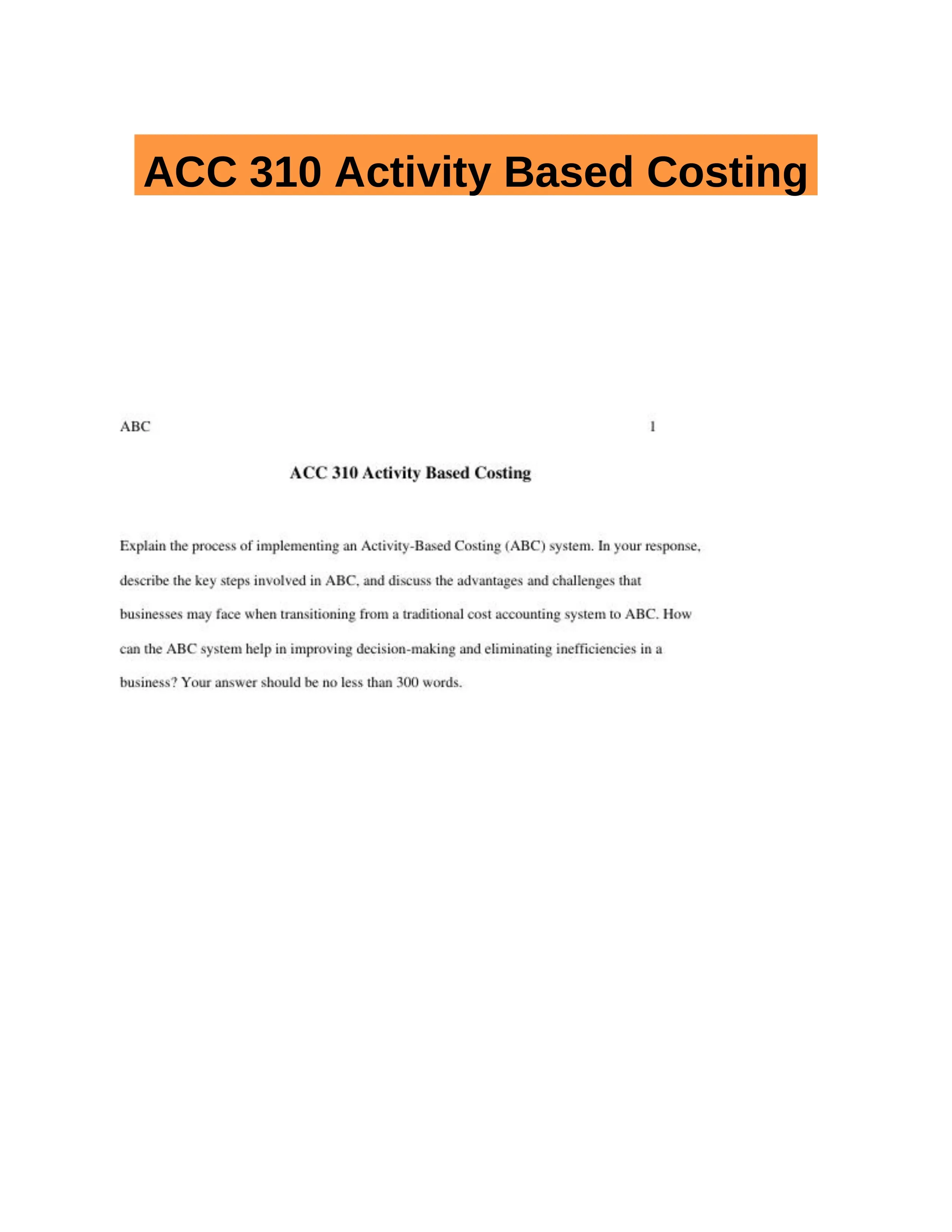 ACC 310 Activity Based Costing