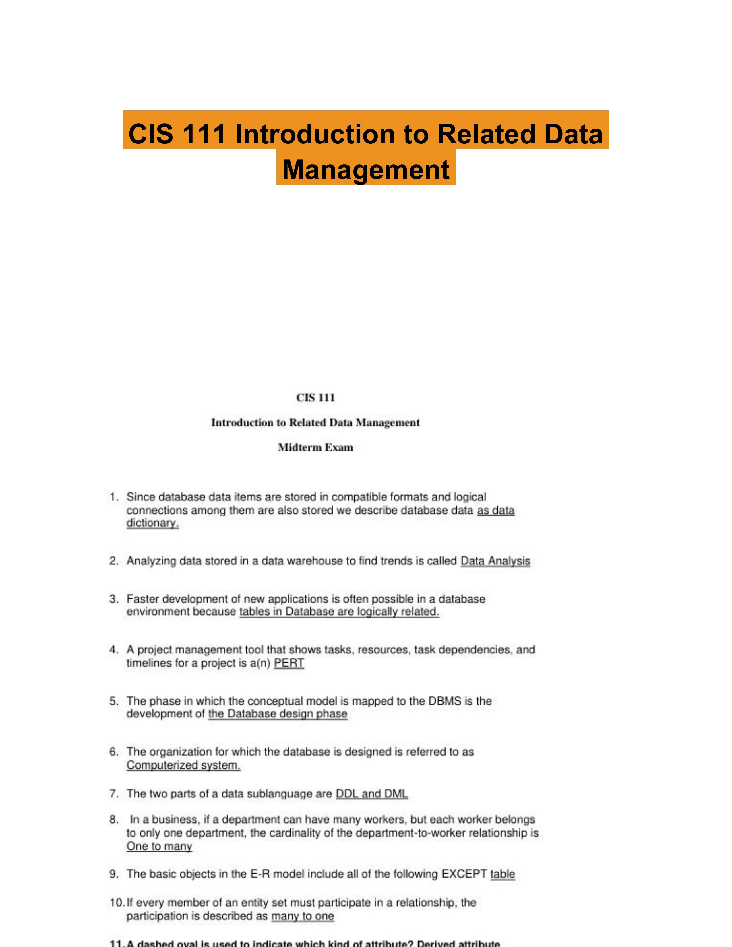 CIS 111 Introduction to Related Data Management