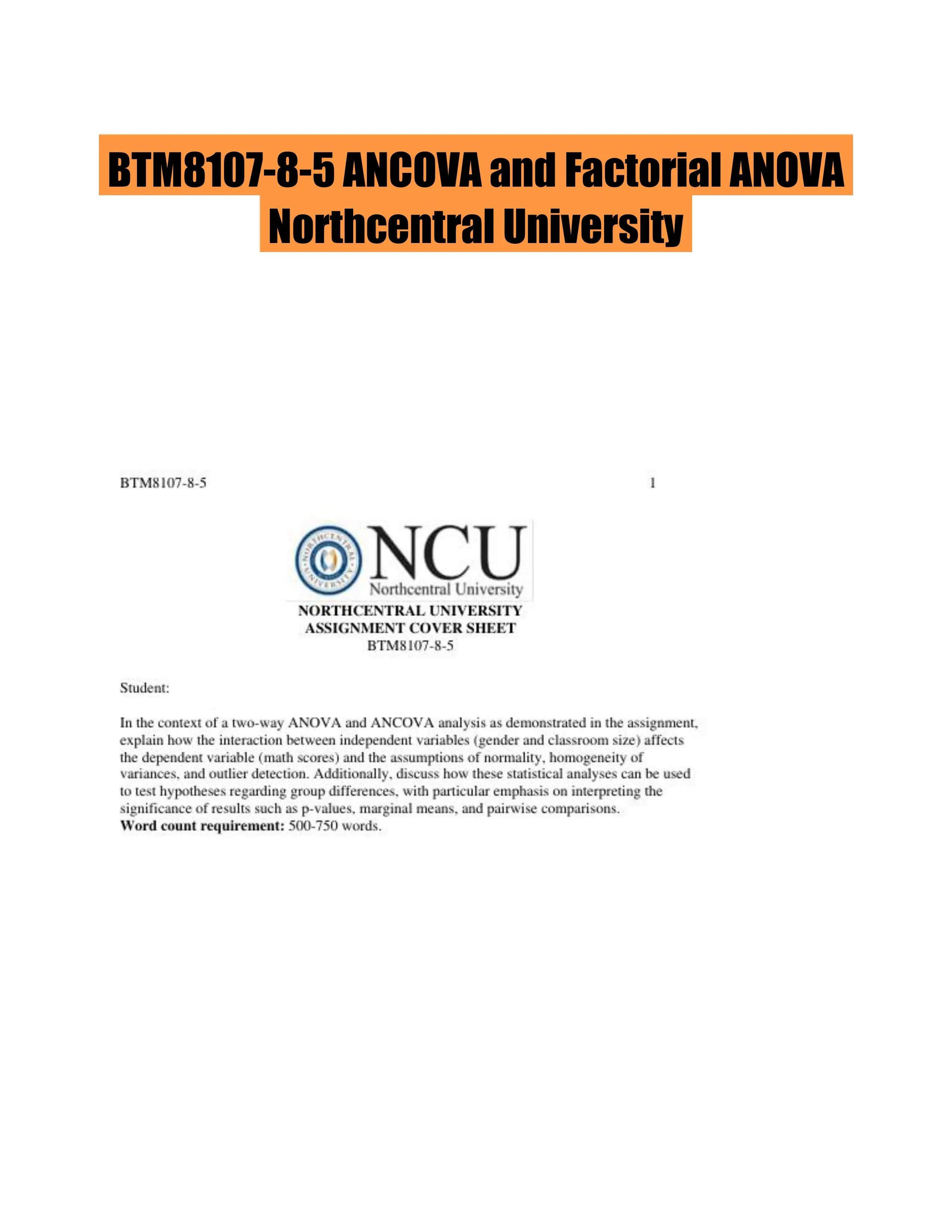 BTM8107-8-5 ANCOVA and Factorial ANOVA Northcentral University