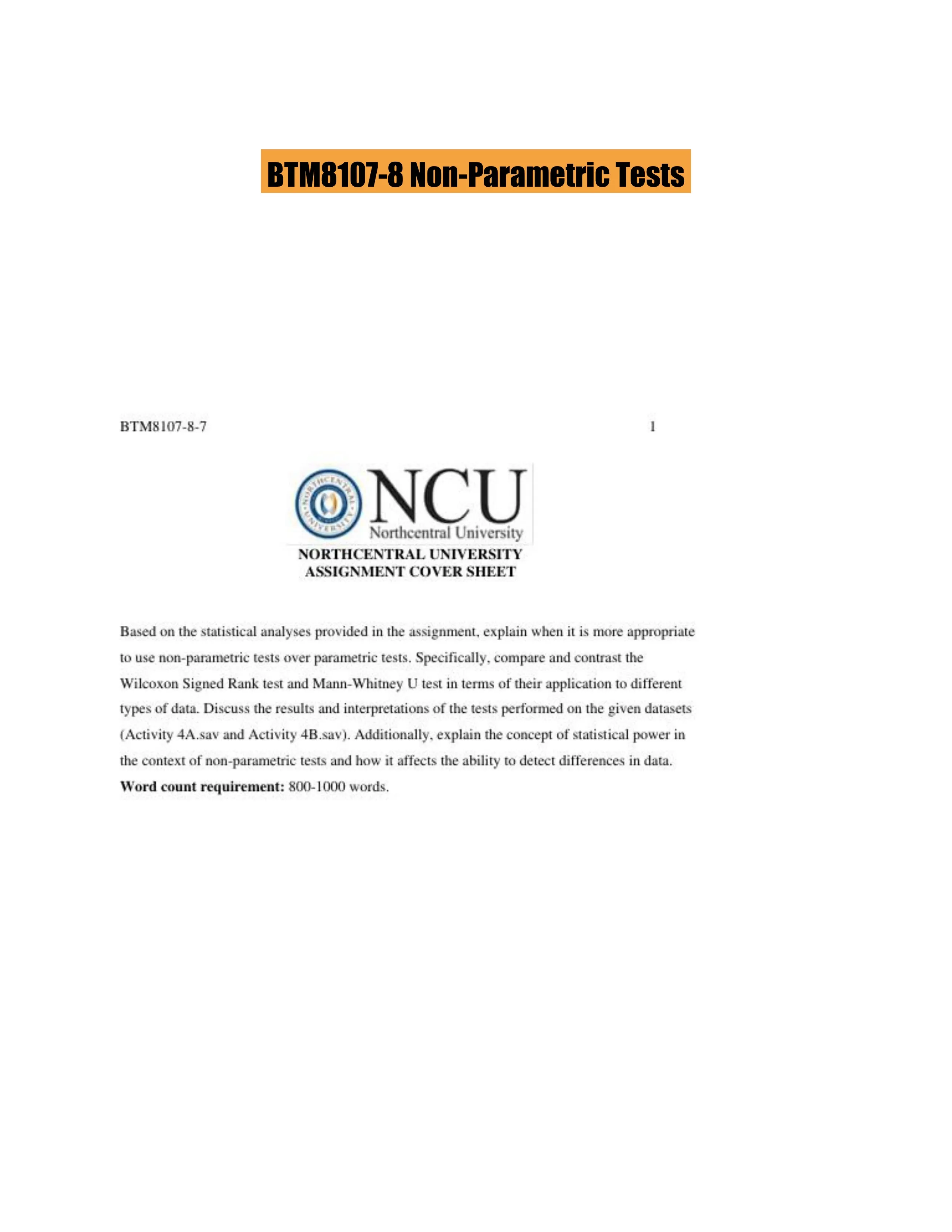 BTM8107-8 Non-Parametric Tests