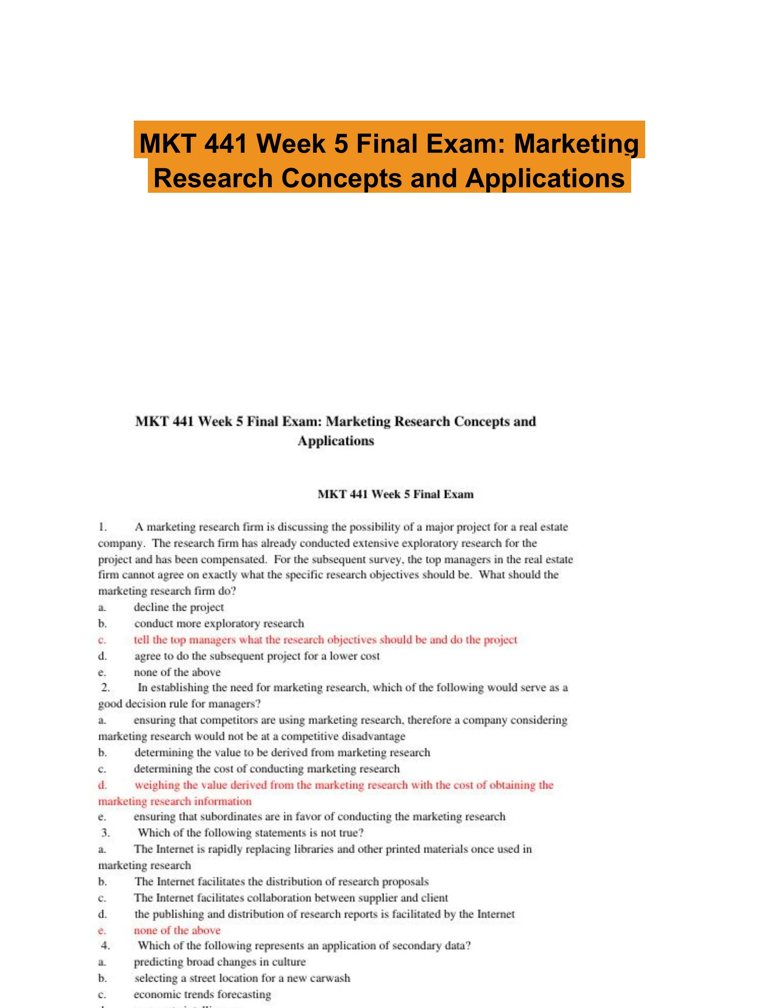 MKT 441 Week 5 Final Exam: Marketing Research Concepts and Applications